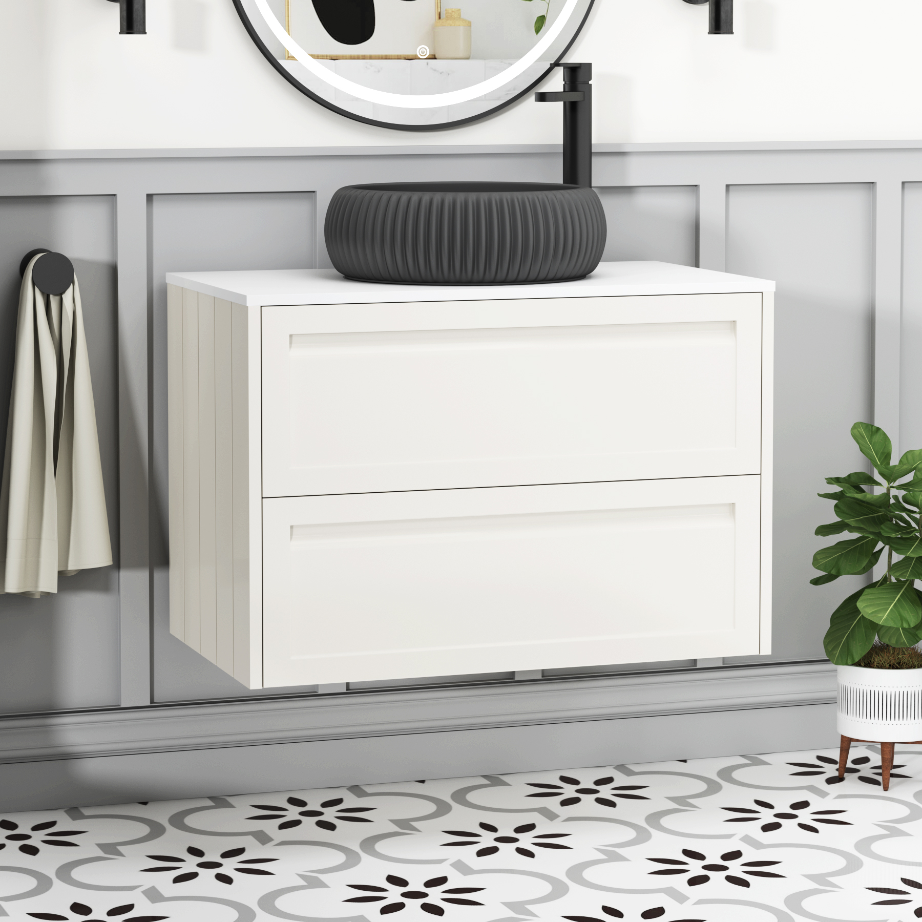 Elmore Classic White 2 Drawer Wall Hung Vanity Unit with Plain White Worktop & Various Countertop Basins