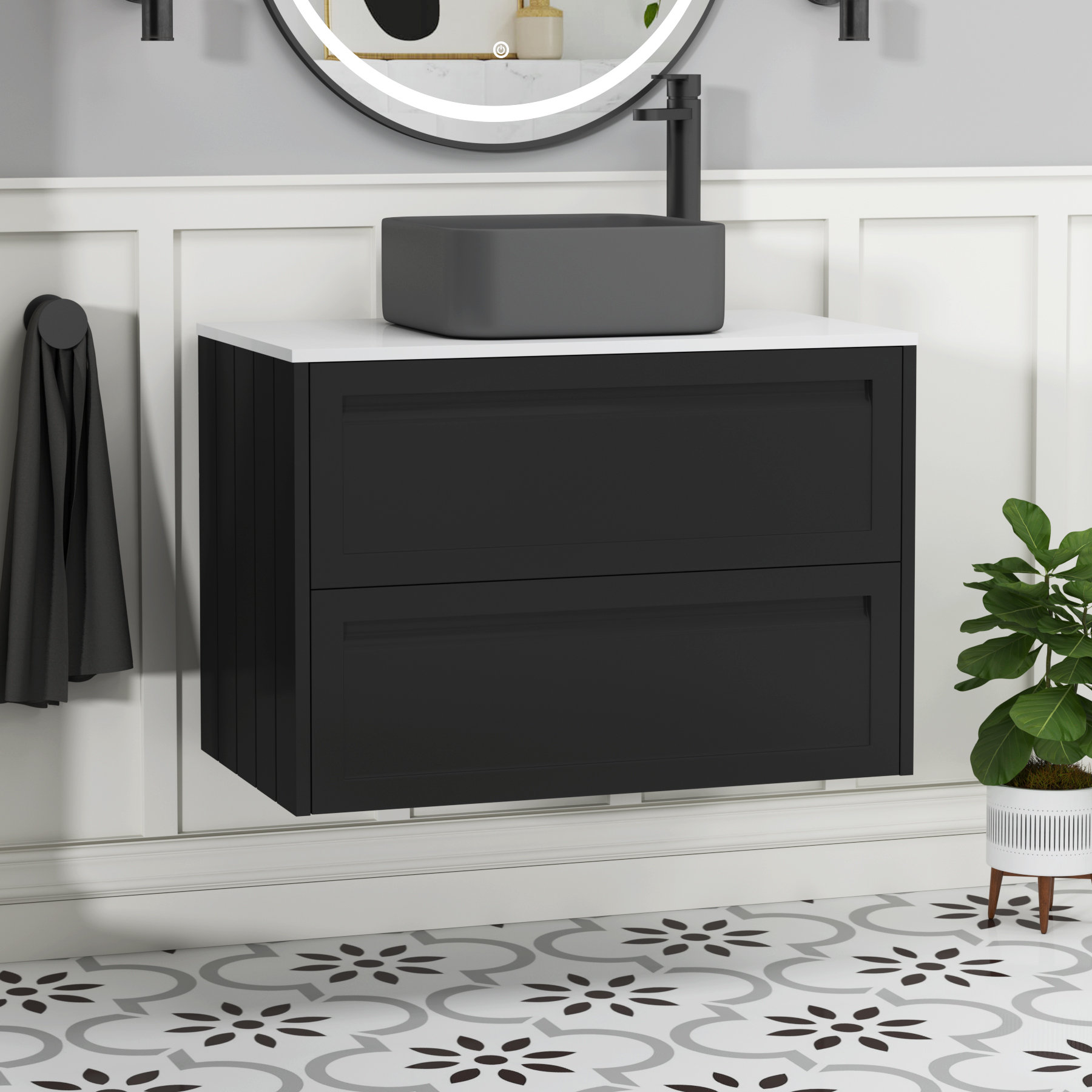 Elmore Matt Nocturne Black 2 Drawer Wall Hung Vanity Unit with Plain White Worktop & Various Countertop Basins