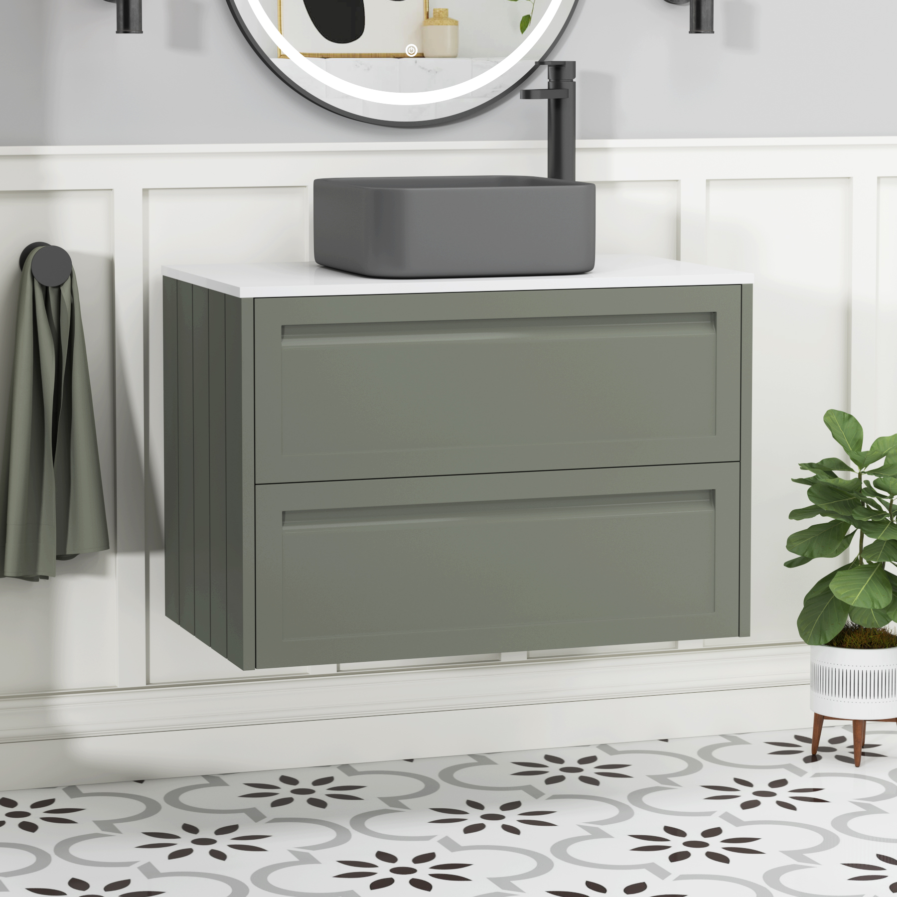 Elmore Matt Green 2 Drawer Wall Hung Vanity Unit with Plain White Worktop & Various Countertop Basins