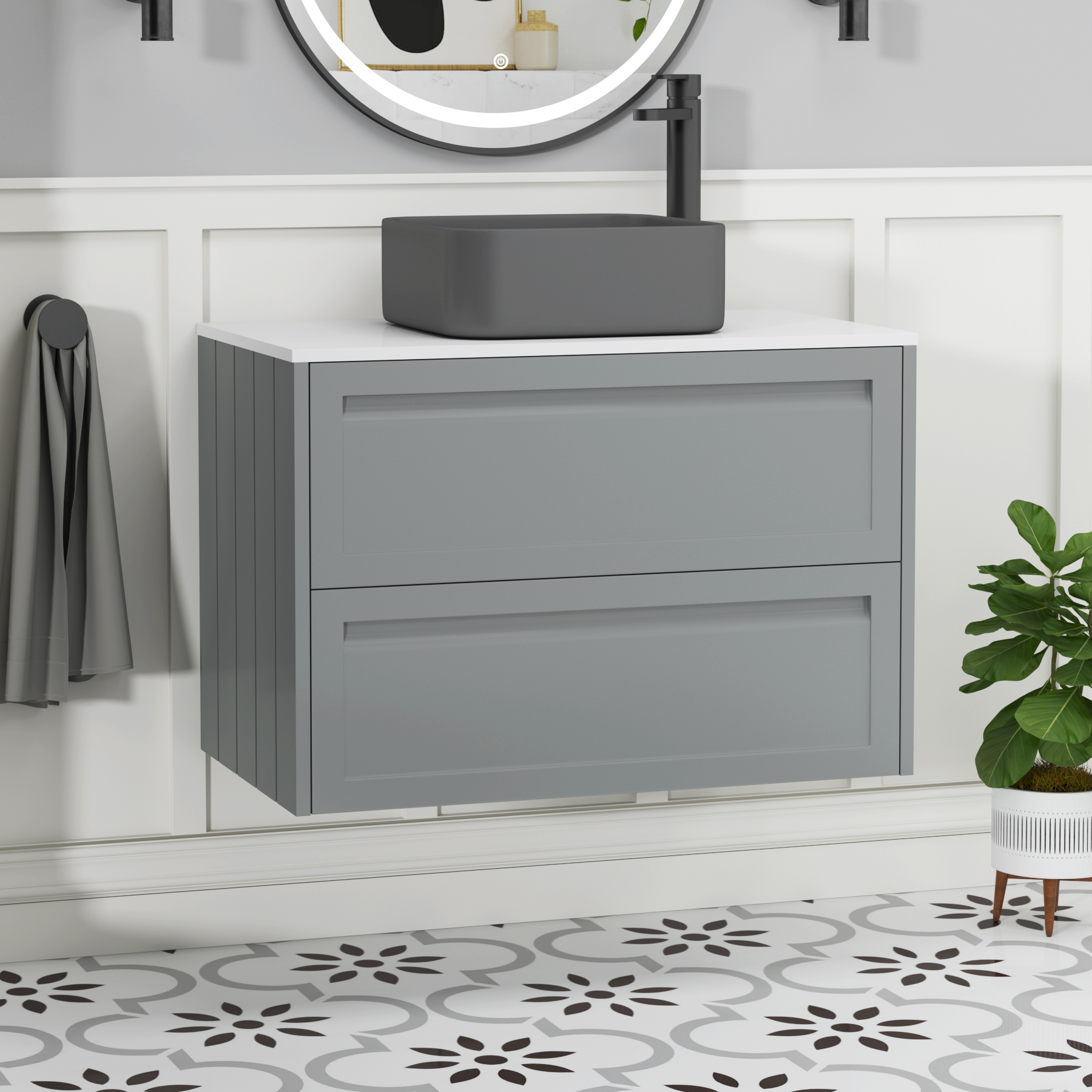 Elmore Matt Pebble Grey 2 Drawer Wall Hung Vanity Unit with Plain White Worktop & Various Countertop Basins