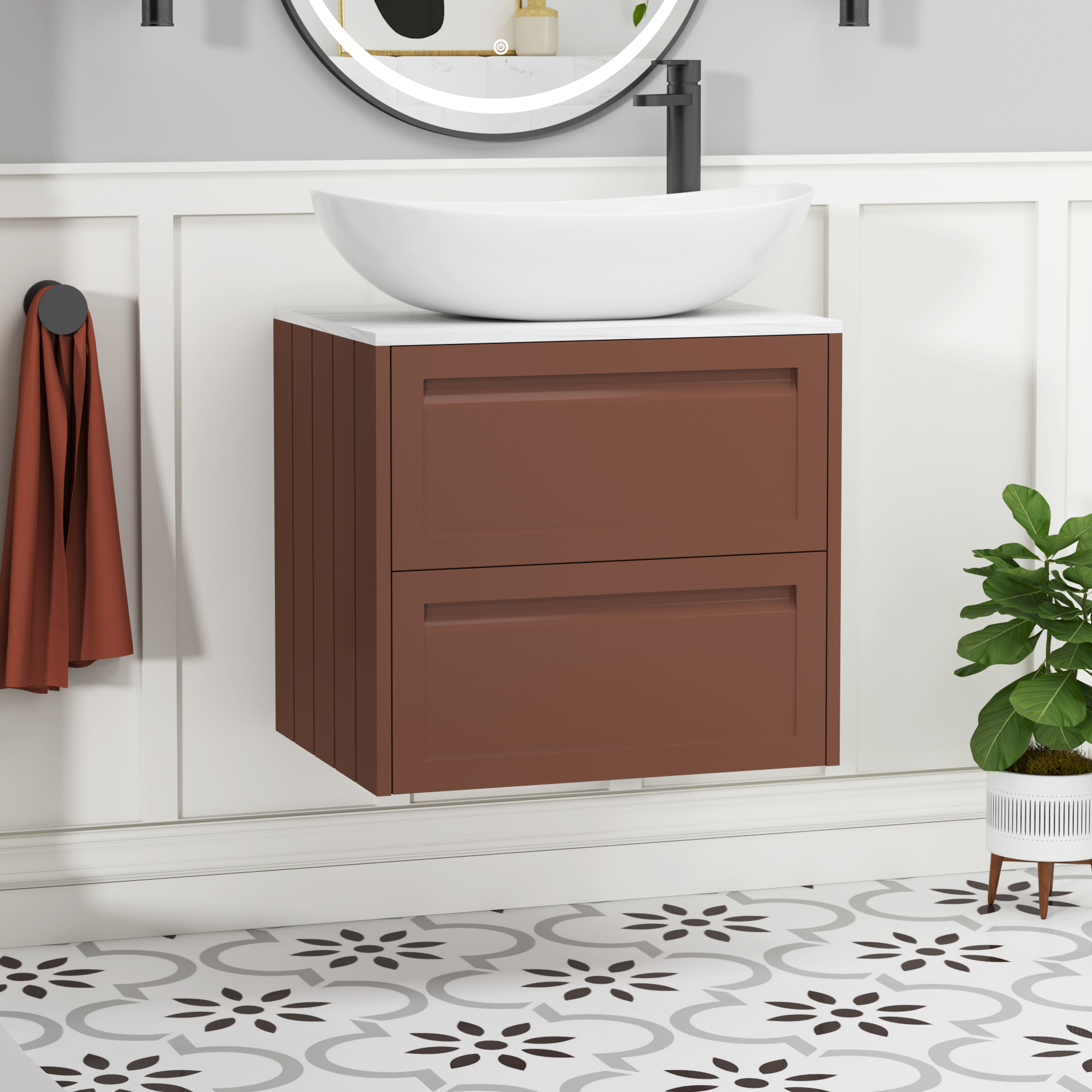 Elmore Terracotta Clay 2 Drawer Wall Hung Vanity Unit with Carrara White Worktop & Various Countertop Basins