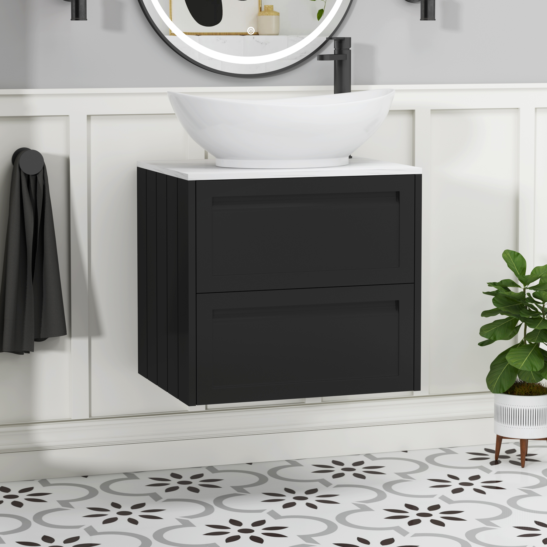 Elmore Matt Nocturne Black 2 Drawer Wall Hung Vanity Unit with Carrara White Worktop & Various Countertop Basins