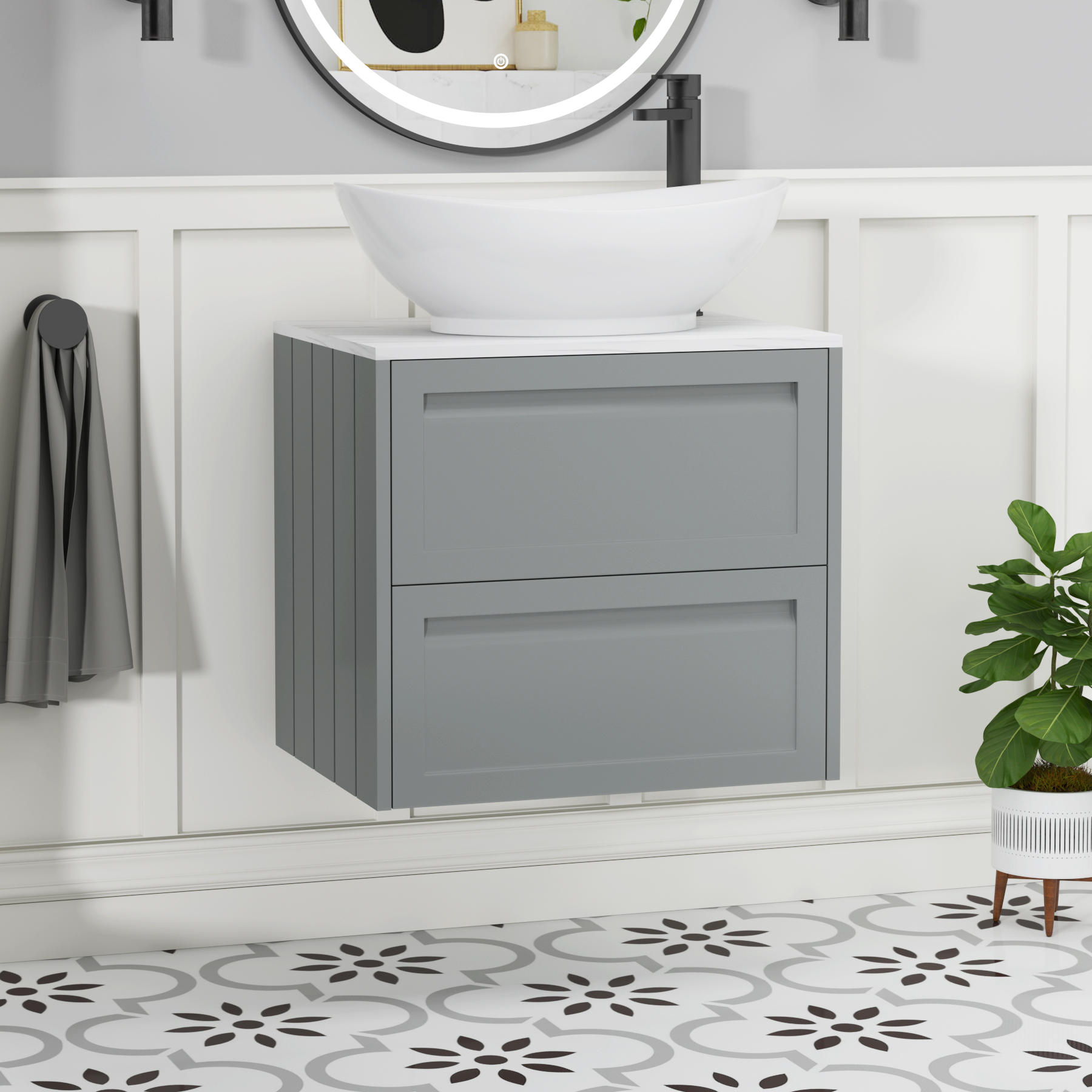 Elmore Matt Pebble Grey 2 Drawer Wall Hung Vanity Unit with Carrara White Worktop & Various Countertop Basins