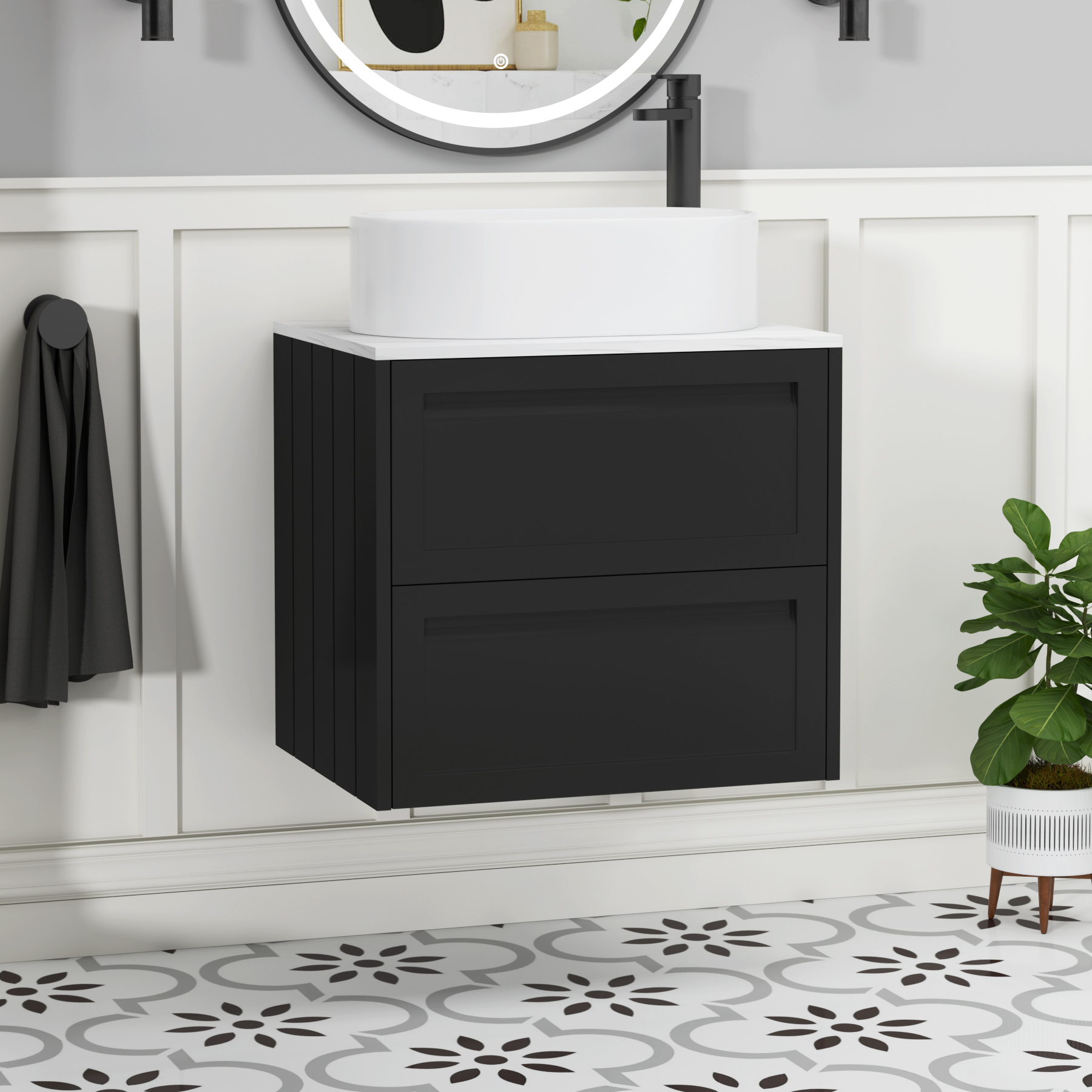 Elmore Matt Nocturne Black 2 Drawer Wall Hung Vanity Unit with Carrara White Worktop & Various Countertop Basins