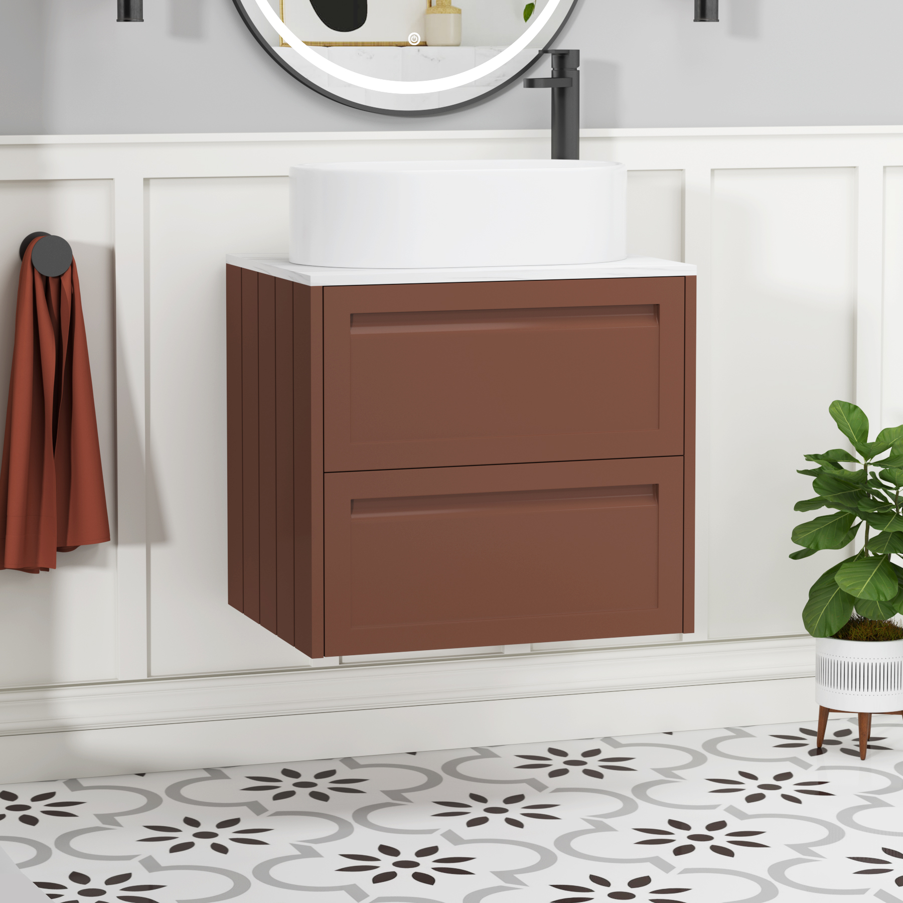 Elmore Terracotta Clay 2 Drawer Wall Hung Vanity Unit with Carrara White Worktop & Various Countertop Basins