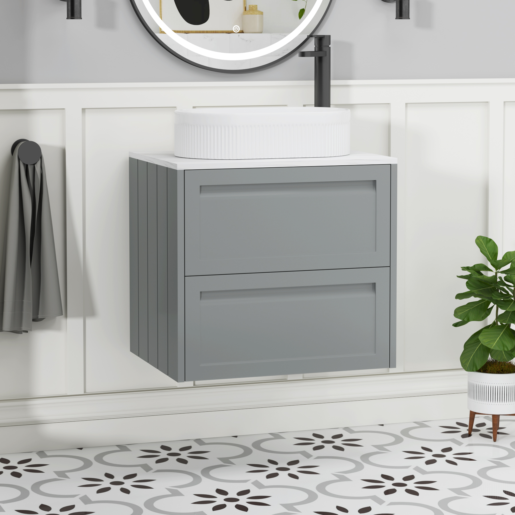 Elmore Matt Pebble Grey 2 Drawer Wall Hung Vanity Unit with Carrara White Worktop & Various Countertop Basins