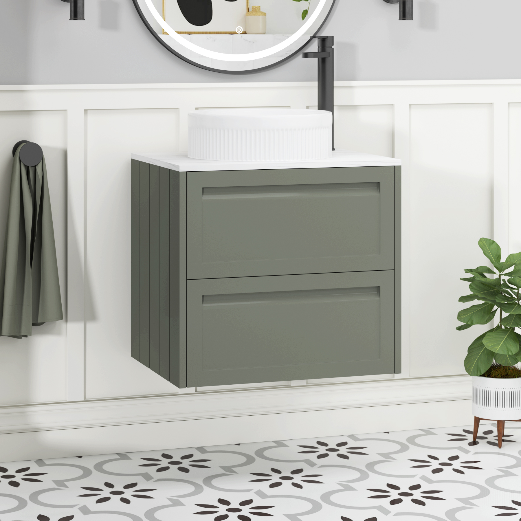 Elmore Matt Green 2 Drawer Wall Hung Vanity Unit with Carrara White Worktop & Various Countertop Basins