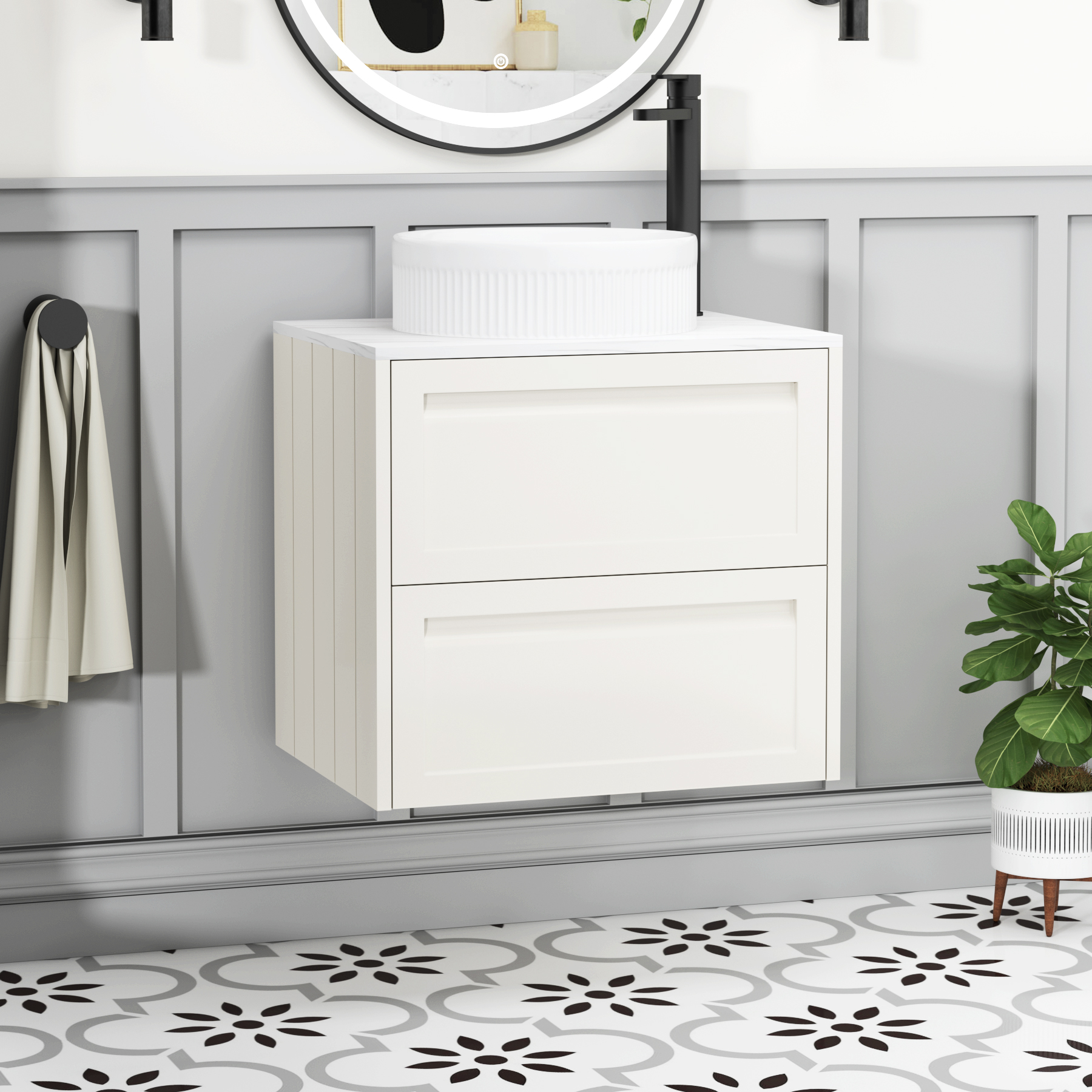Elmore Classic White 2 Drawer Wall Hung Vanity Unit with Carrara White Worktop & Various Countertop Basins