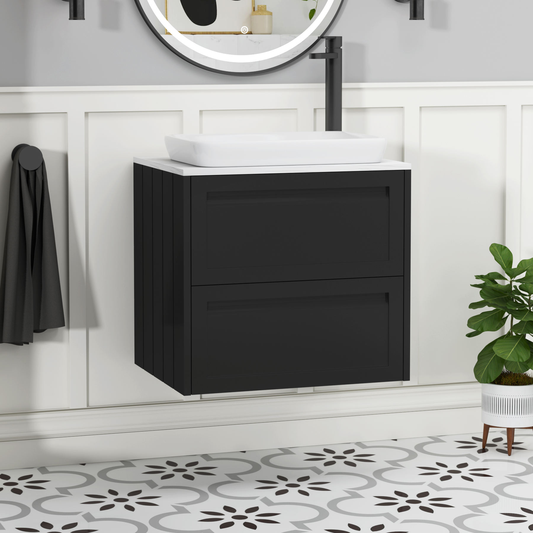 Elmore Matt Nocturne Black 2 Drawer Wall Hung Vanity Unit with Carrara White Worktop & Various Countertop Basins