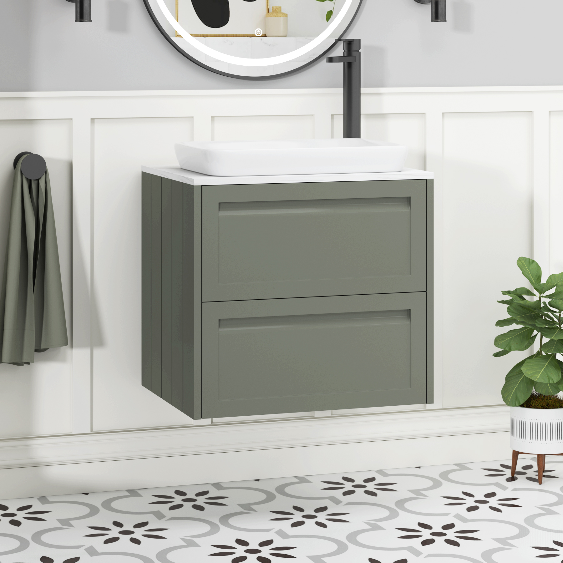 Elmore Matt Green 2 Drawer Wall Hung Vanity Unit with Carrara White Worktop & Various Countertop Basins