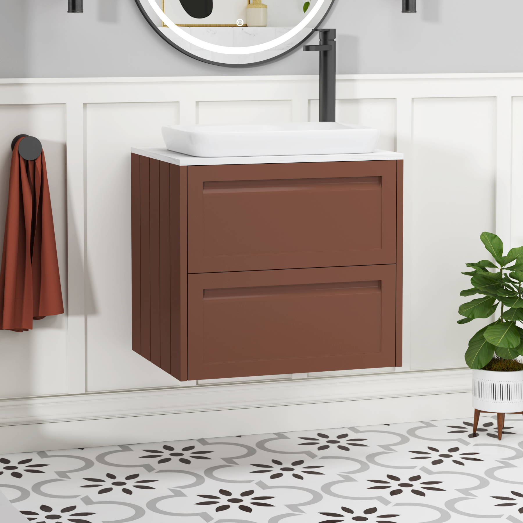 Elmore Terracotta Clay 2 Drawer Wall Hung Vanity Unit with Carrara White Worktop & Various Countertop Basins