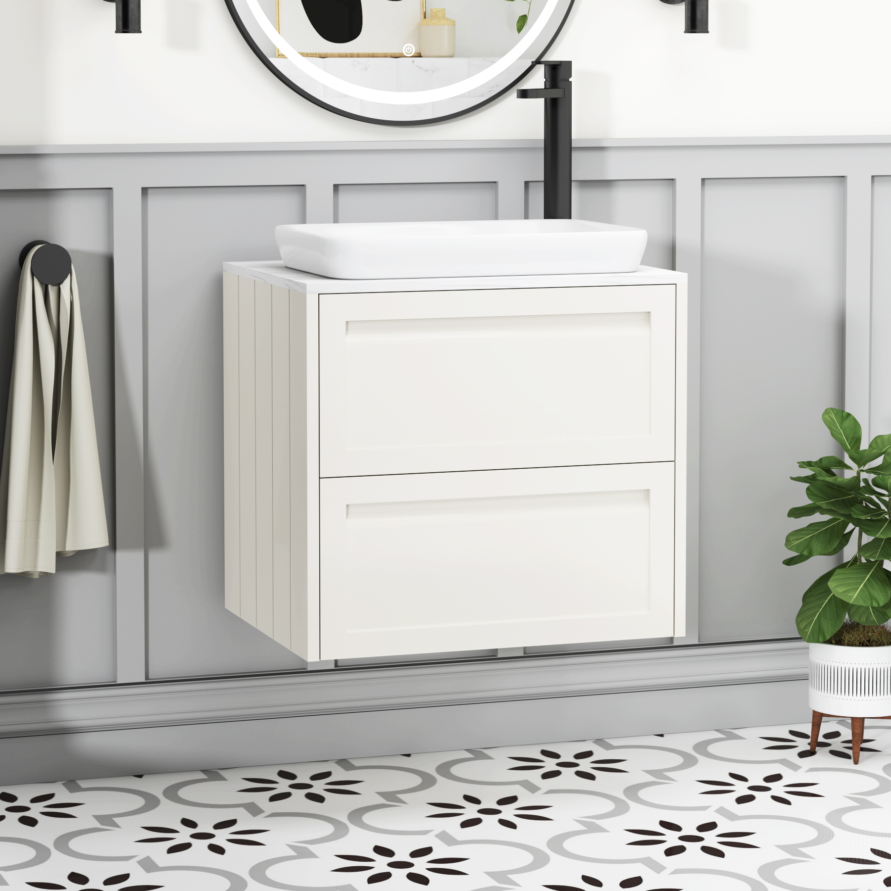 Elmore Classic White 2 Drawer Wall Hung Vanity Unit with Carrara White Worktop & Various Countertop Basins