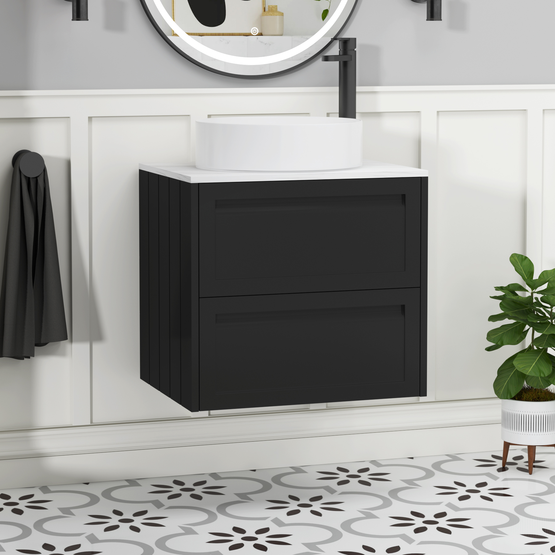 Elmore Matt Nocturne Black 2 Drawer Wall Hung Vanity Unit with Carrara White Worktop & Various Countertop Basins