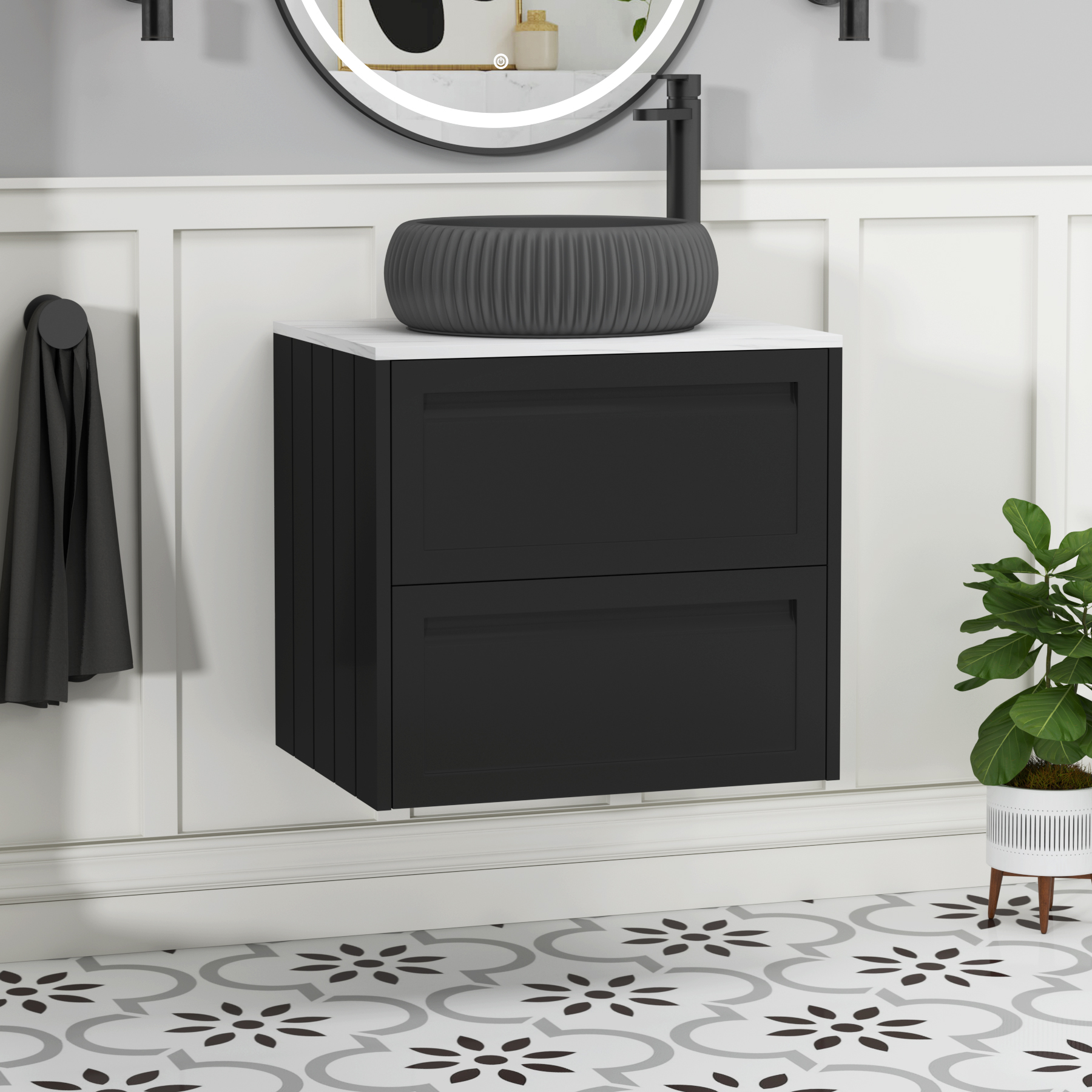 Elmore Matt Nocturne Black 2 Drawer Wall Hung Vanity Unit with Carrara White Worktop & Various Countertop Basins