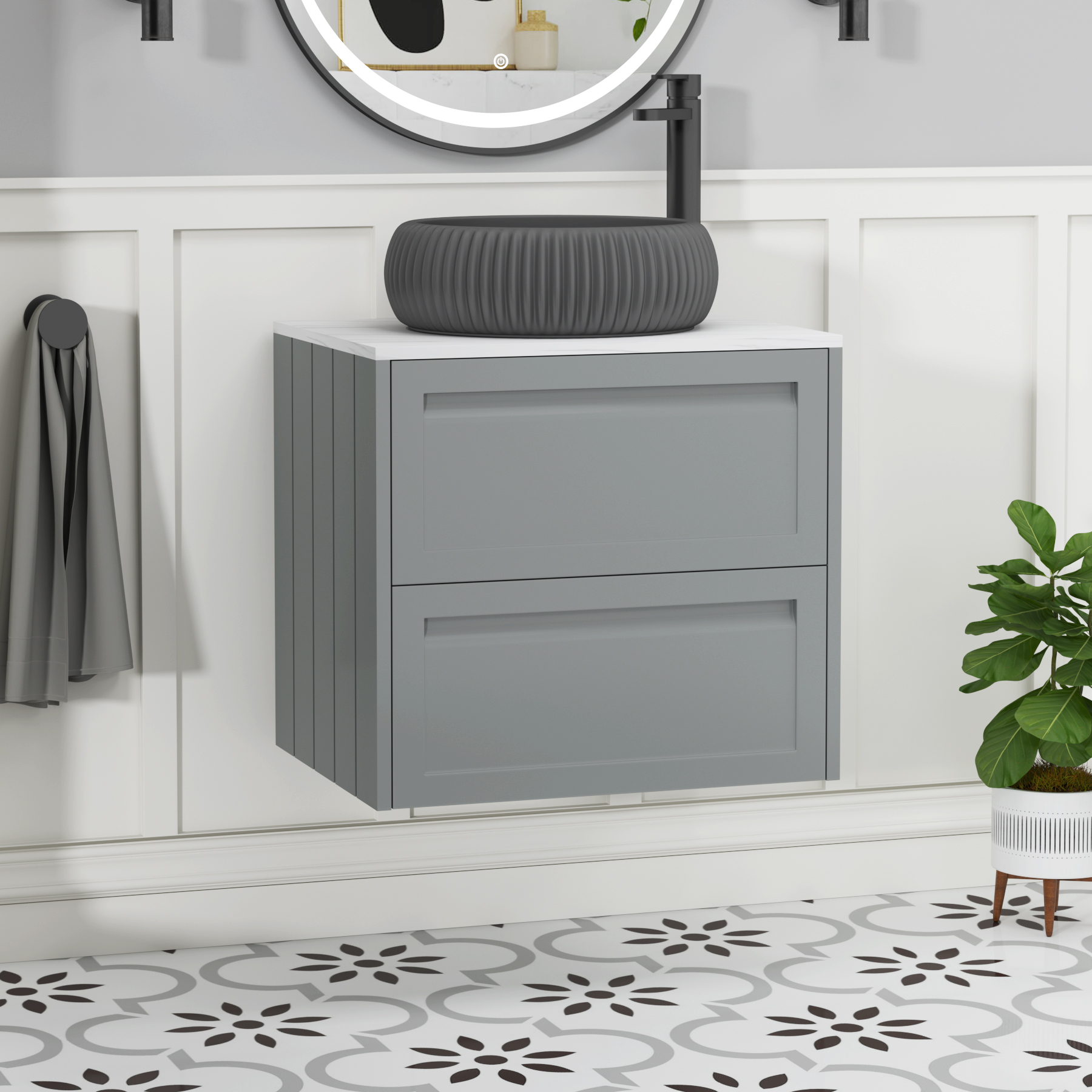 Elmore Matt Pebble Grey 2 Drawer Wall Hung Vanity Unit with Carrara White Worktop & Various Countertop Basins