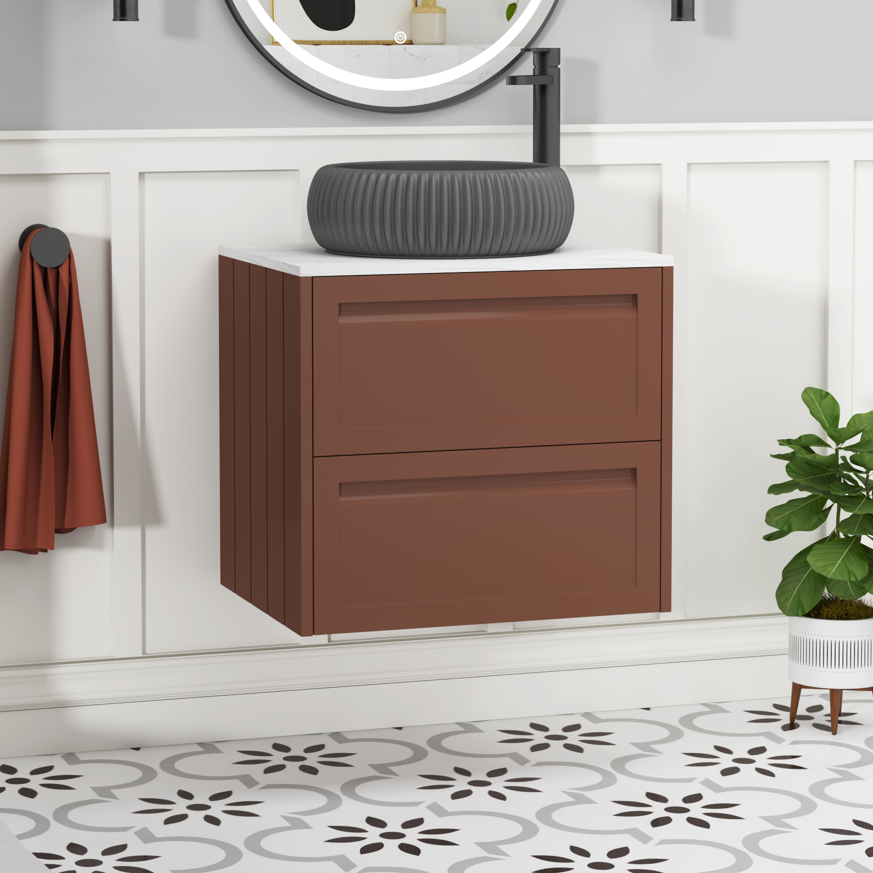Elmore Terracotta Clay 2 Drawer Wall Hung Vanity Unit with Carrara White Worktop & Various Countertop Basins