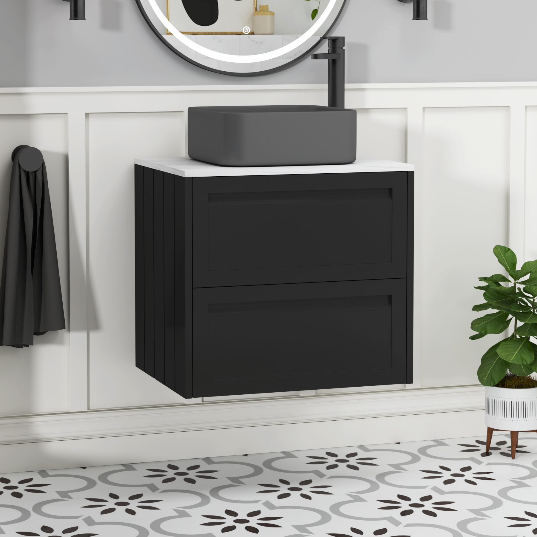 Elmore Matt Nocturne Black 2 Drawer Wall Hung Vanity Unit with Carrara White Worktop & Various Countertop Basins
