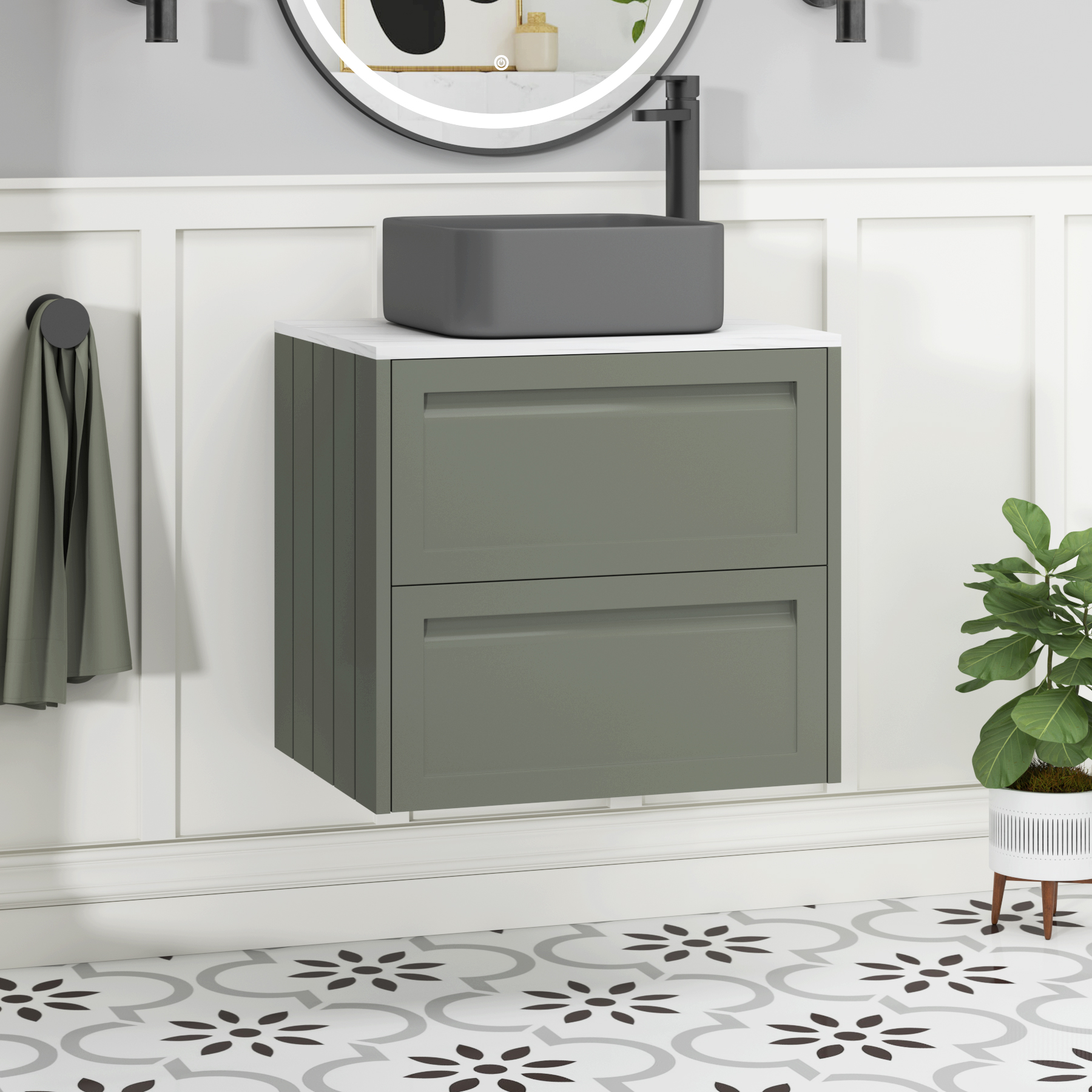 Elmore Matt Green 2 Drawer Wall Hung Vanity Unit with Carrara White Worktop & Various Countertop Basins