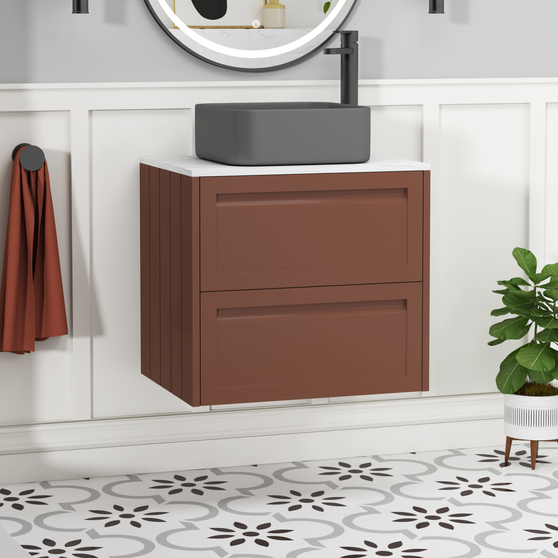 Elmore Terracotta Clay 2 Drawer Wall Hung Vanity Unit with Carrara White Worktop & Various Countertop Basins