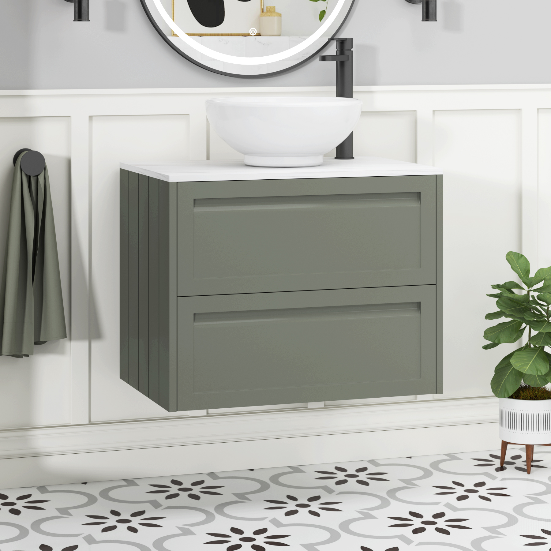 Elmore Traditional 2 Drawer Wall Hung Vanity Unit – Multiple Sizes, Colours, Worktop & Basins Options