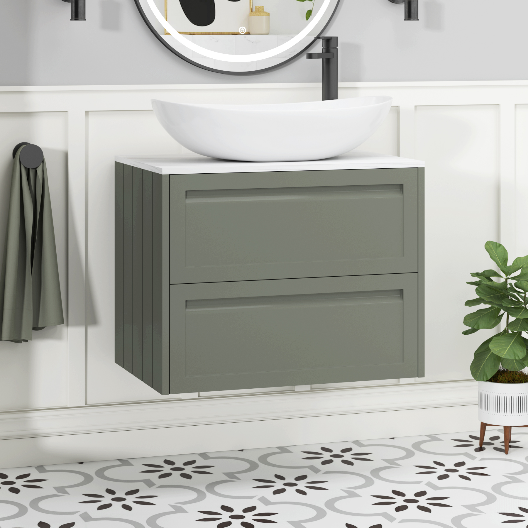 Elmore Matt Green 2 Drawer Wall Hung Vanity Unit with Carrara White Worktop & Various Countertop Basins