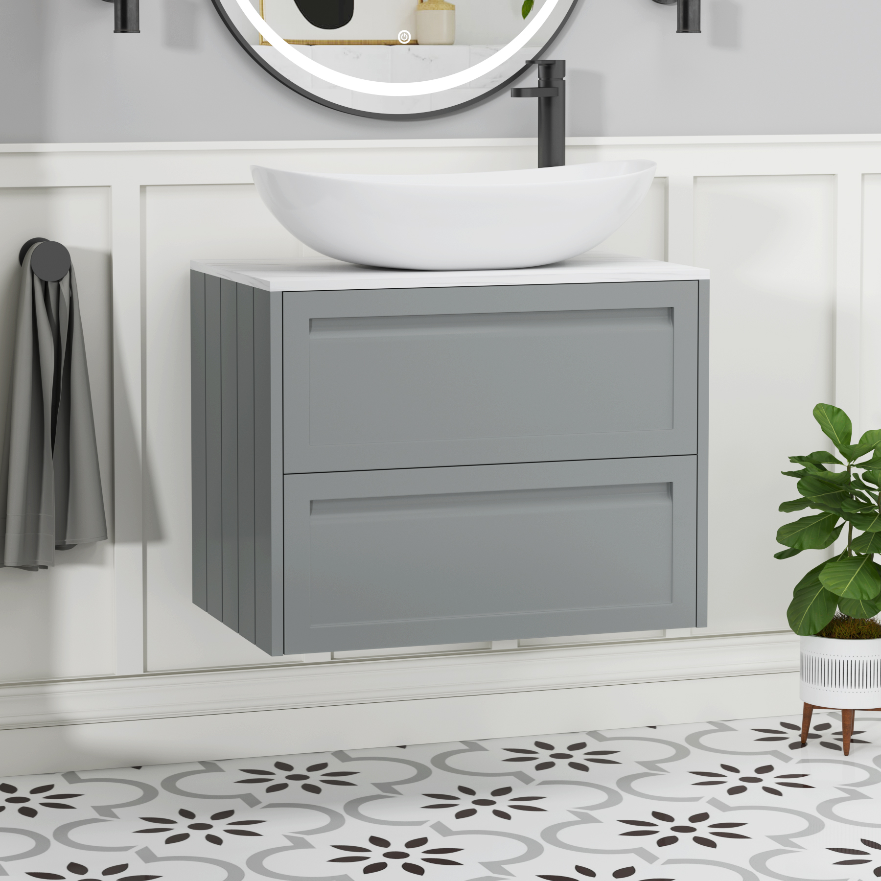 Elmore Matt Pebble Grey 2 Drawer Wall Hung Vanity Unit with Carrara White Worktop & Various Countertop Basins