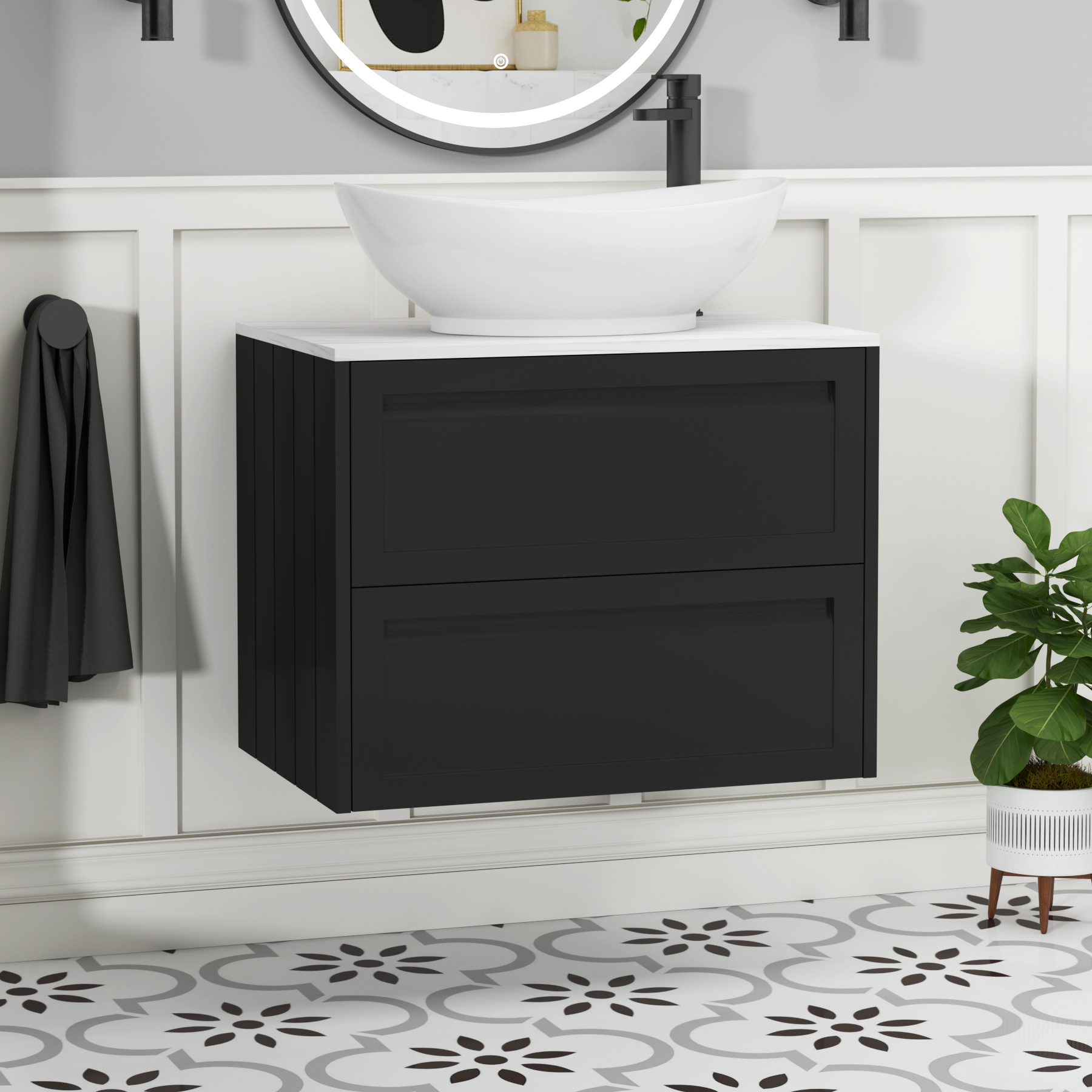 Elmore Matt Nocturne Black 2 Drawer Wall Hung Vanity Unit with Carrara White Worktop & Various Countertop Basins