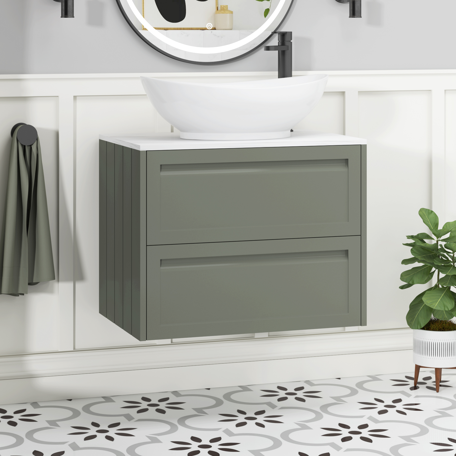 Elmore Matt Green 2 Drawer Wall Hung Vanity Unit with Carrara White Worktop & Various Countertop Basins