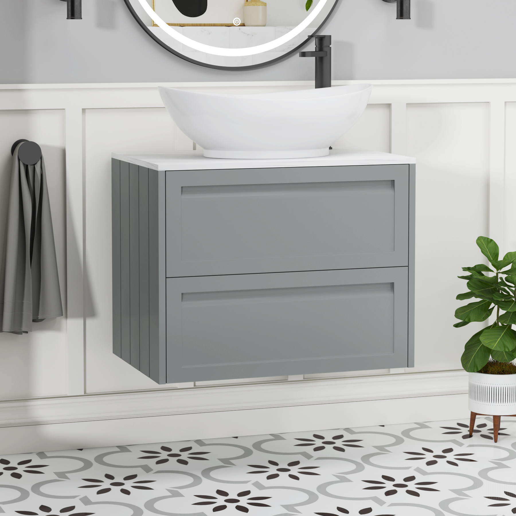 Elmore Matt Pebble Grey 2 Drawer Wall Hung Vanity Unit with Carrara White Worktop & Various Countertop Basins