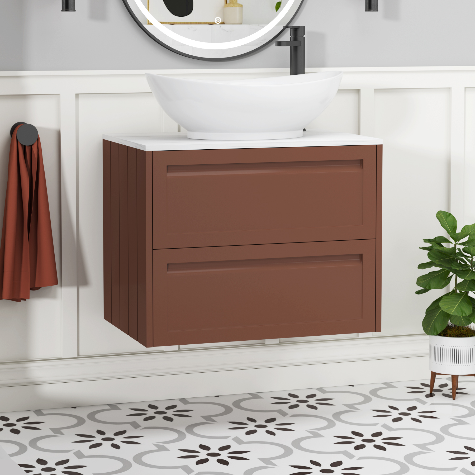 Elmore Terracotta Clay 2 Drawer Wall Hung Vanity Unit with Carrara White Worktop & Various Countertop Basins