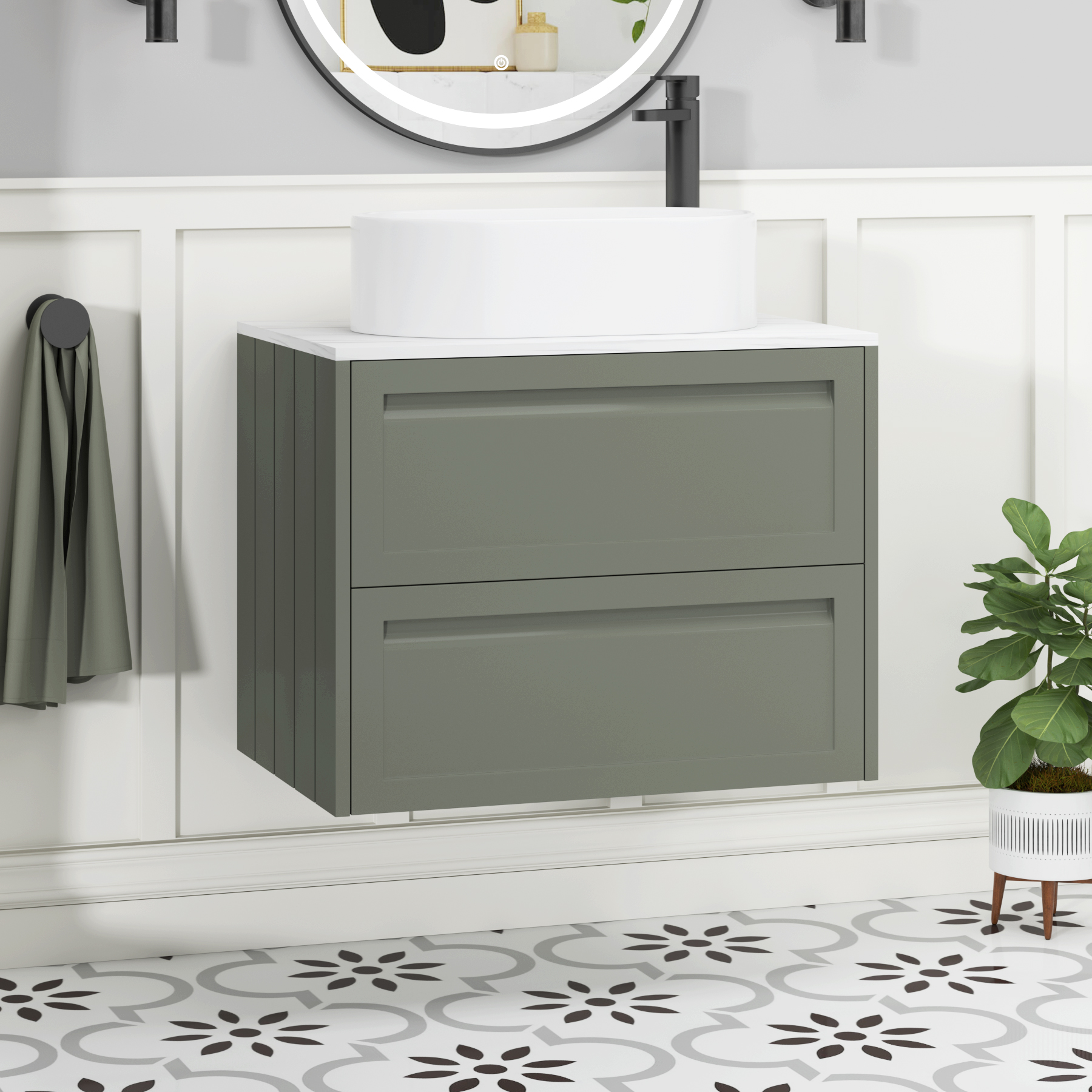 Elmore Matt Green 2 Drawer Wall Hung Vanity Unit with Carrara White Worktop & Various Countertop Basins