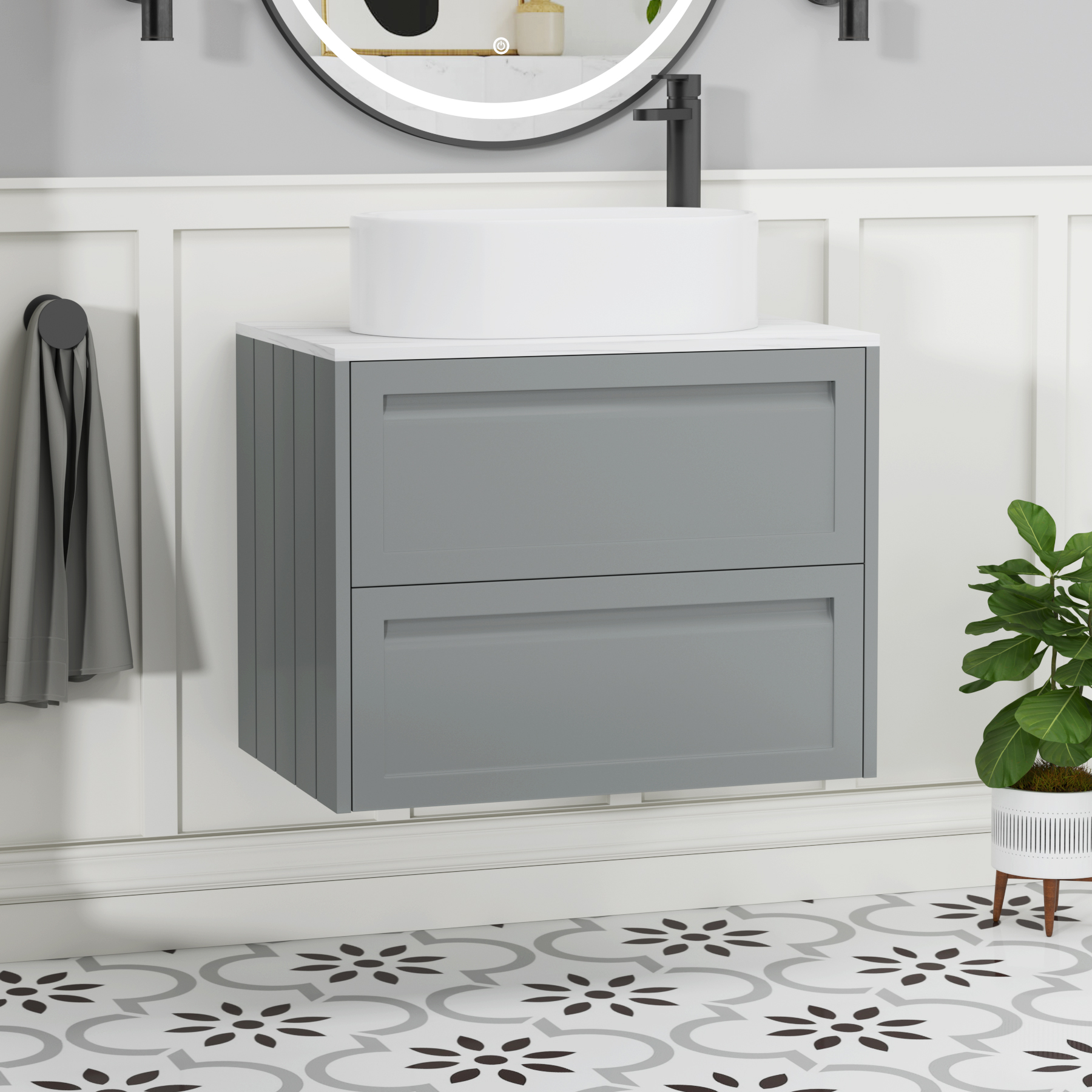 Elmore Matt Pebble Grey 2 Drawer Wall Hung Vanity Unit with Carrara White Worktop & Various Countertop Basins