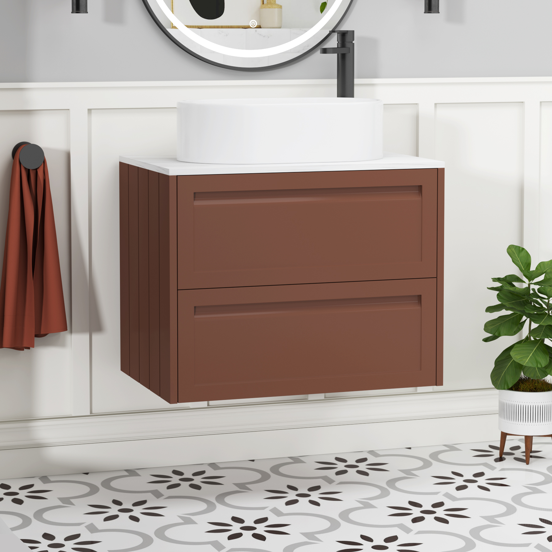 Elmore Terracotta Clay 2 Drawer Wall Hung Vanity Unit with Carrara White Worktop & Various Countertop Basins