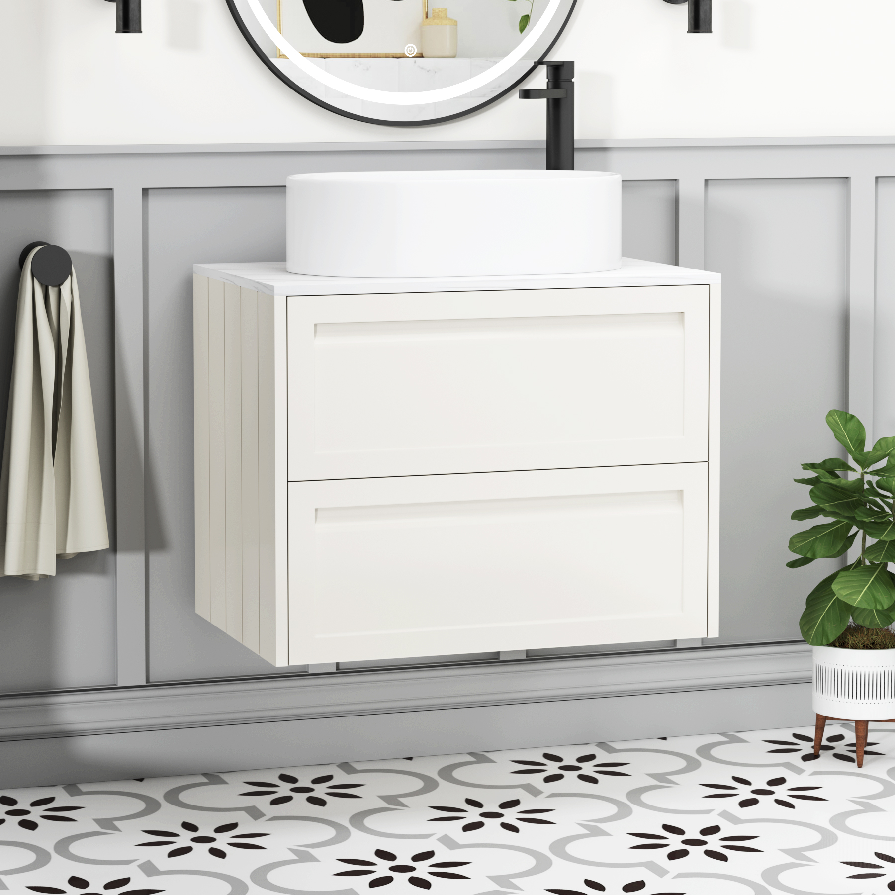 Elmore Classic White 2 Drawer Wall Hung Vanity Unit with Carrara White Worktop & Various Countertop Basins