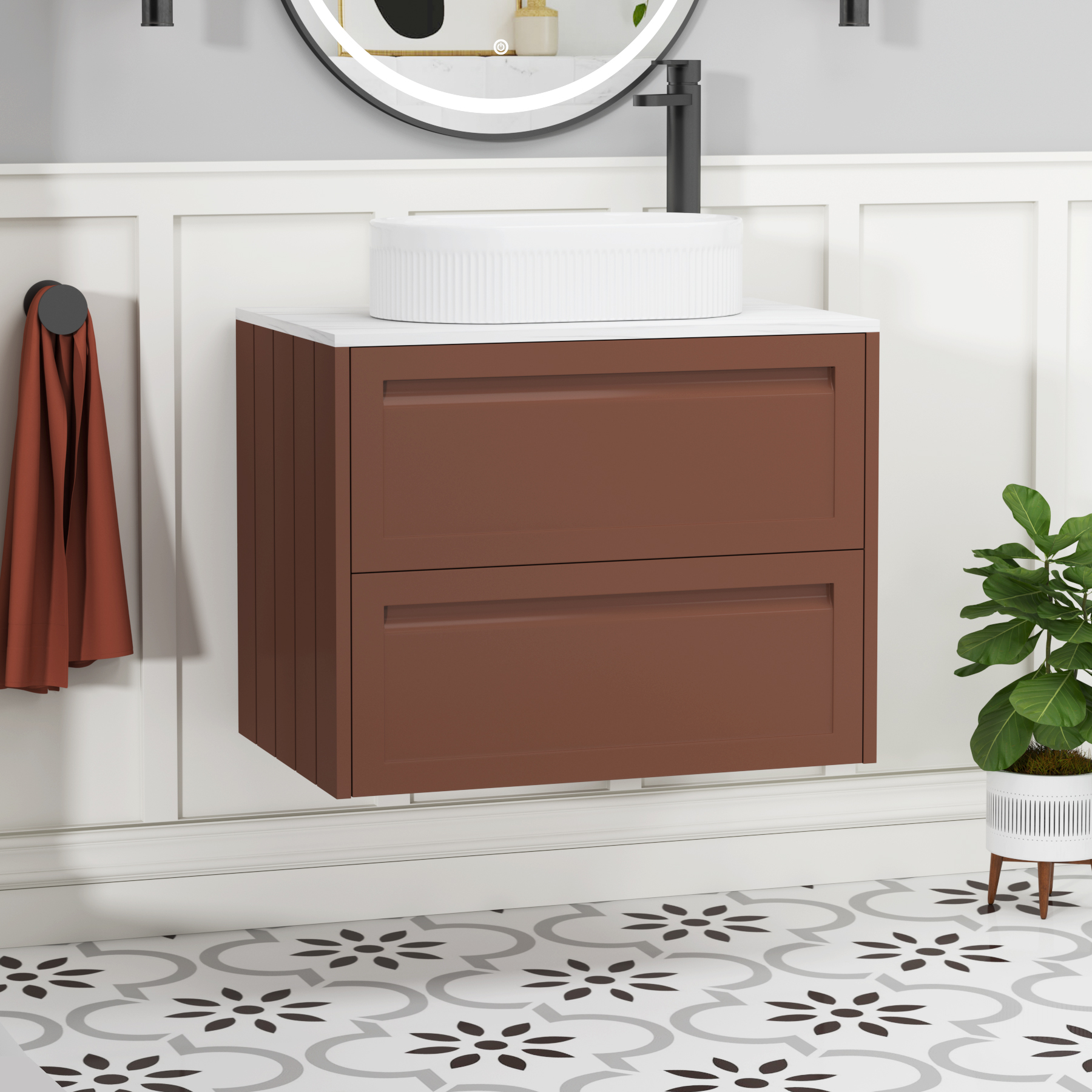 Elmore Terracotta Clay 2 Drawer Wall Hung Vanity Unit with Carrara White Worktop & Various Countertop Basins