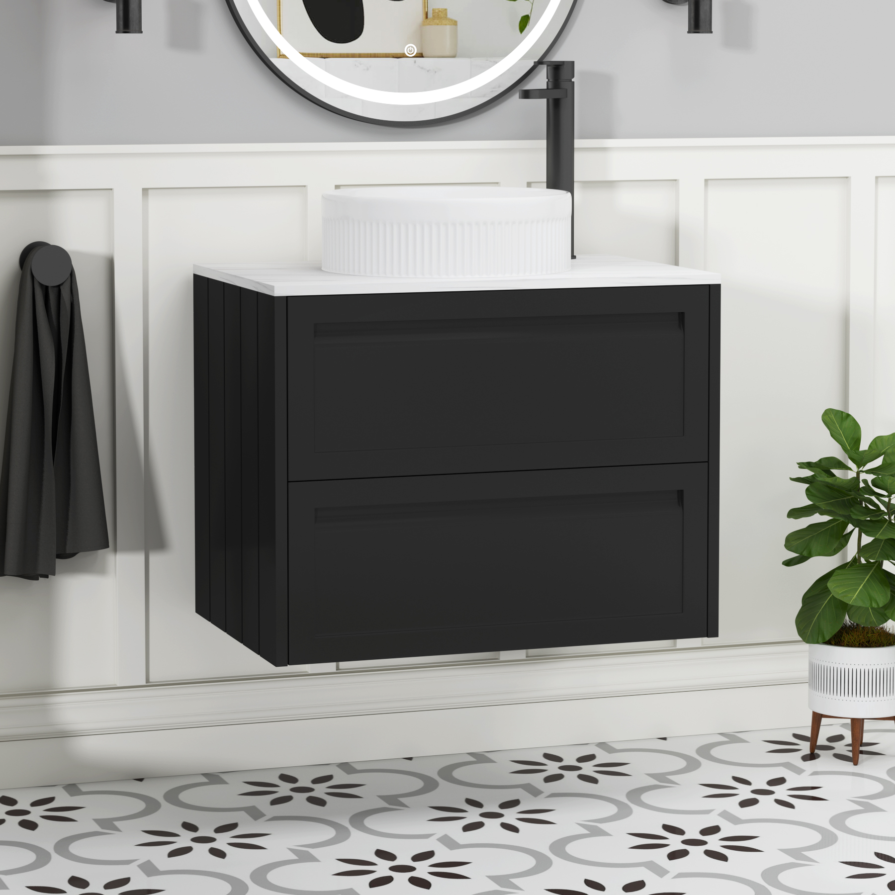 Elmore Matt Nocturne Black 2 Drawer Wall Hung Vanity Unit with Carrara White Worktop & Various Countertop Basins