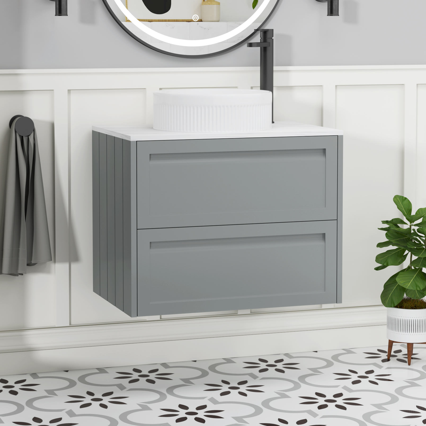 Elmore Matt Pebble Grey 2 Drawer Wall Hung Vanity Unit with Carrara White Worktop & Various Countertop Basins