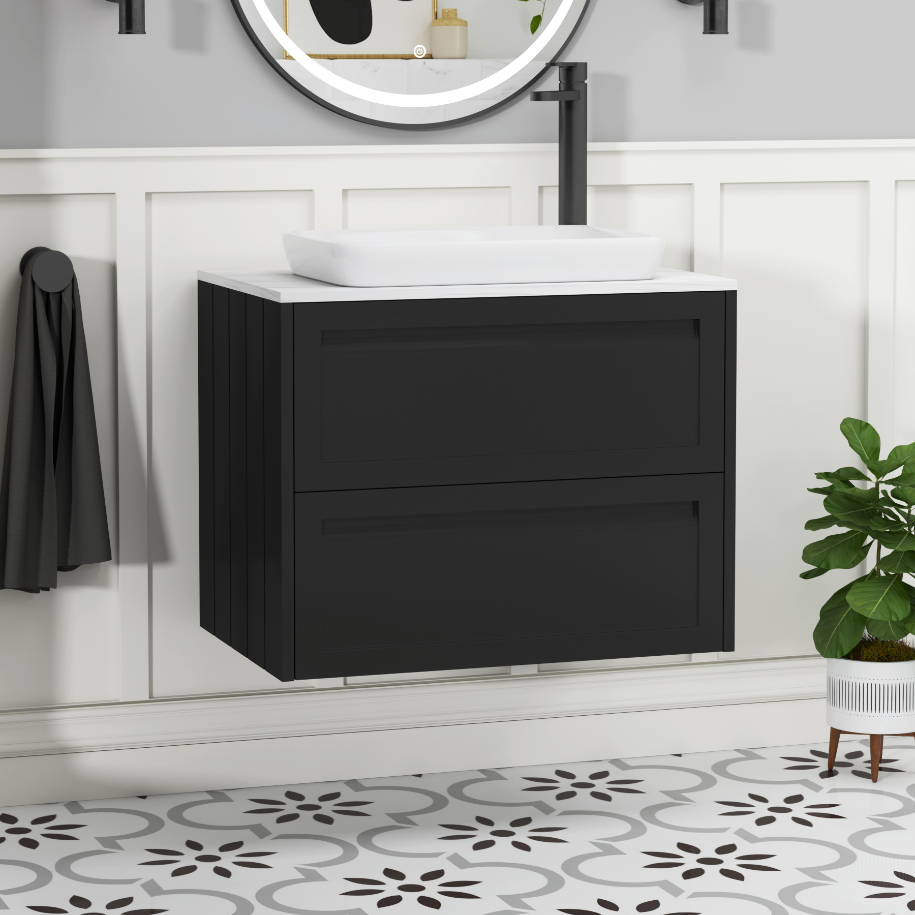 Elmore Matt Nocturne Black 2 Drawer Wall Hung Vanity Unit with Carrara White Worktop & Various Countertop Basins