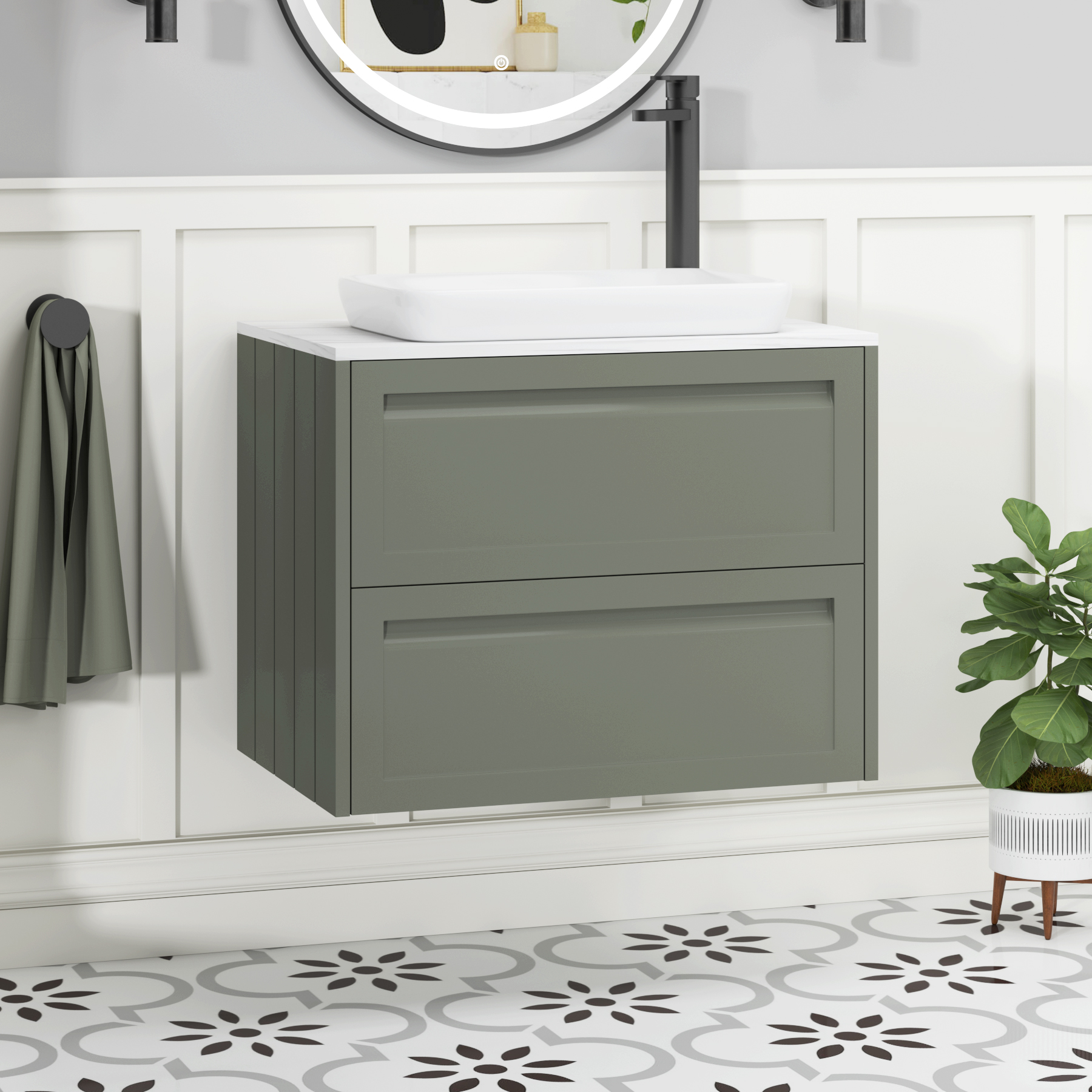 Elmore Matt Green 2 Drawer Wall Hung Vanity Unit with Carrara White Worktop & Various Countertop Basins