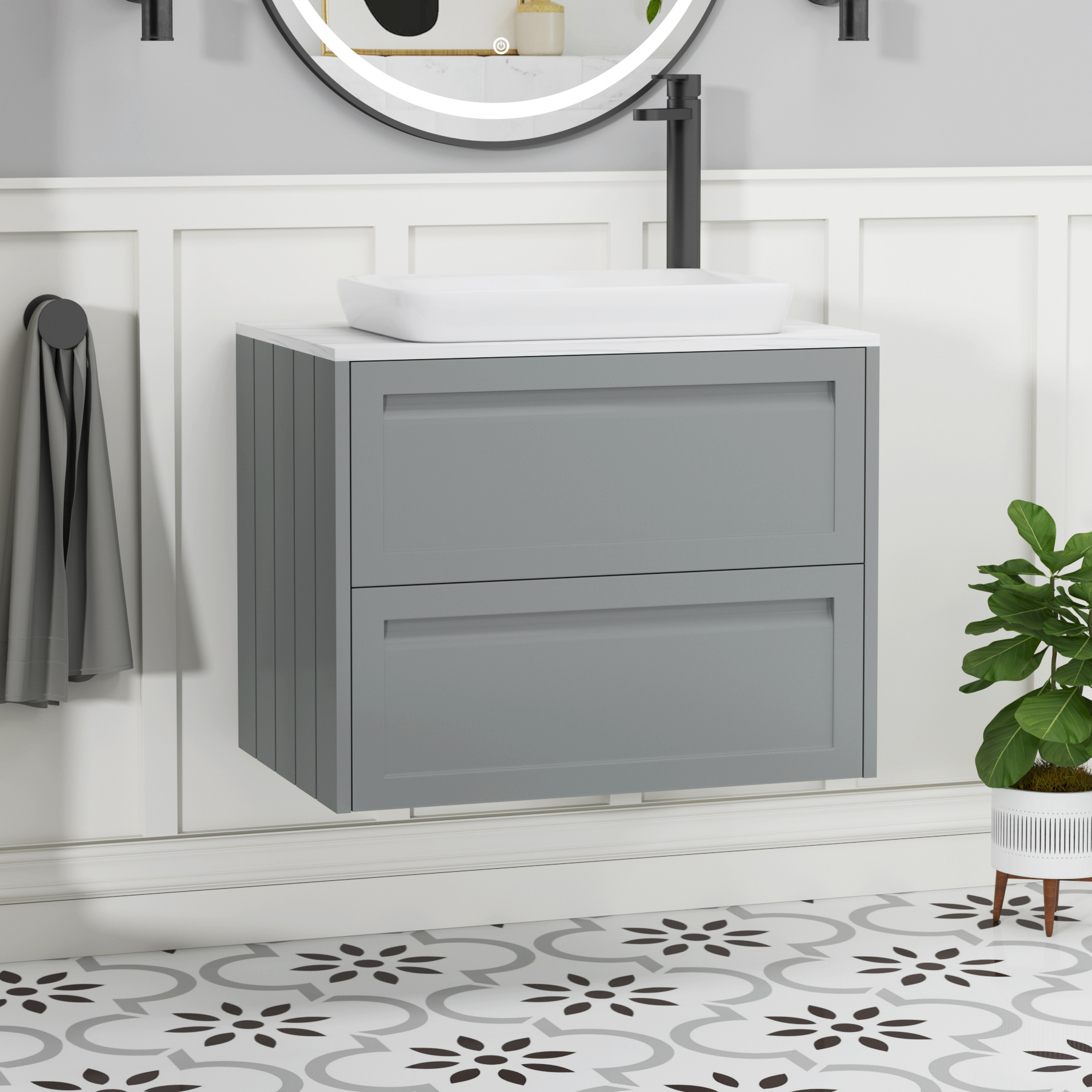 Elmore Matt Pebble Grey 2 Drawer Wall Hung Vanity Unit with Carrara White Worktop & Various Countertop Basins