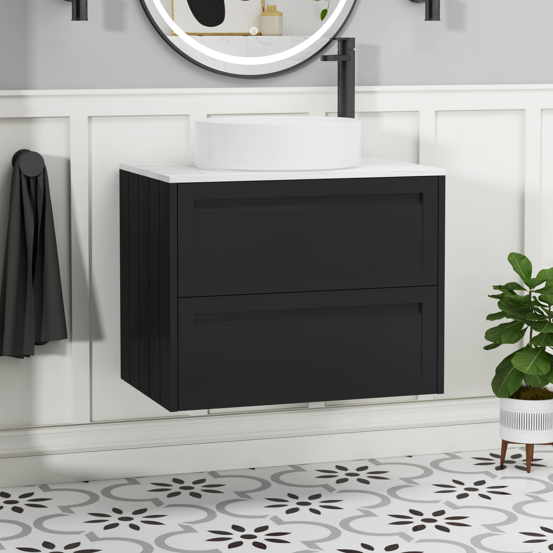 Elmore Matt Nocturne Black 2 Drawer Wall Hung Vanity Unit with Carrara White Worktop & Various Countertop Basins