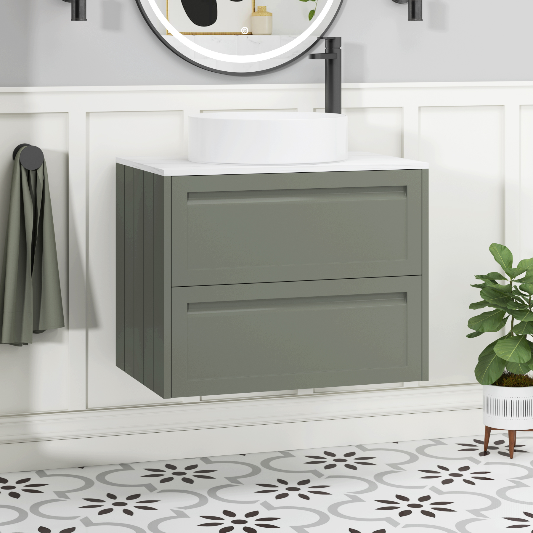 Elmore Matt Green 2 Drawer Wall Hung Vanity Unit with Carrara White Worktop & Various Countertop Basins