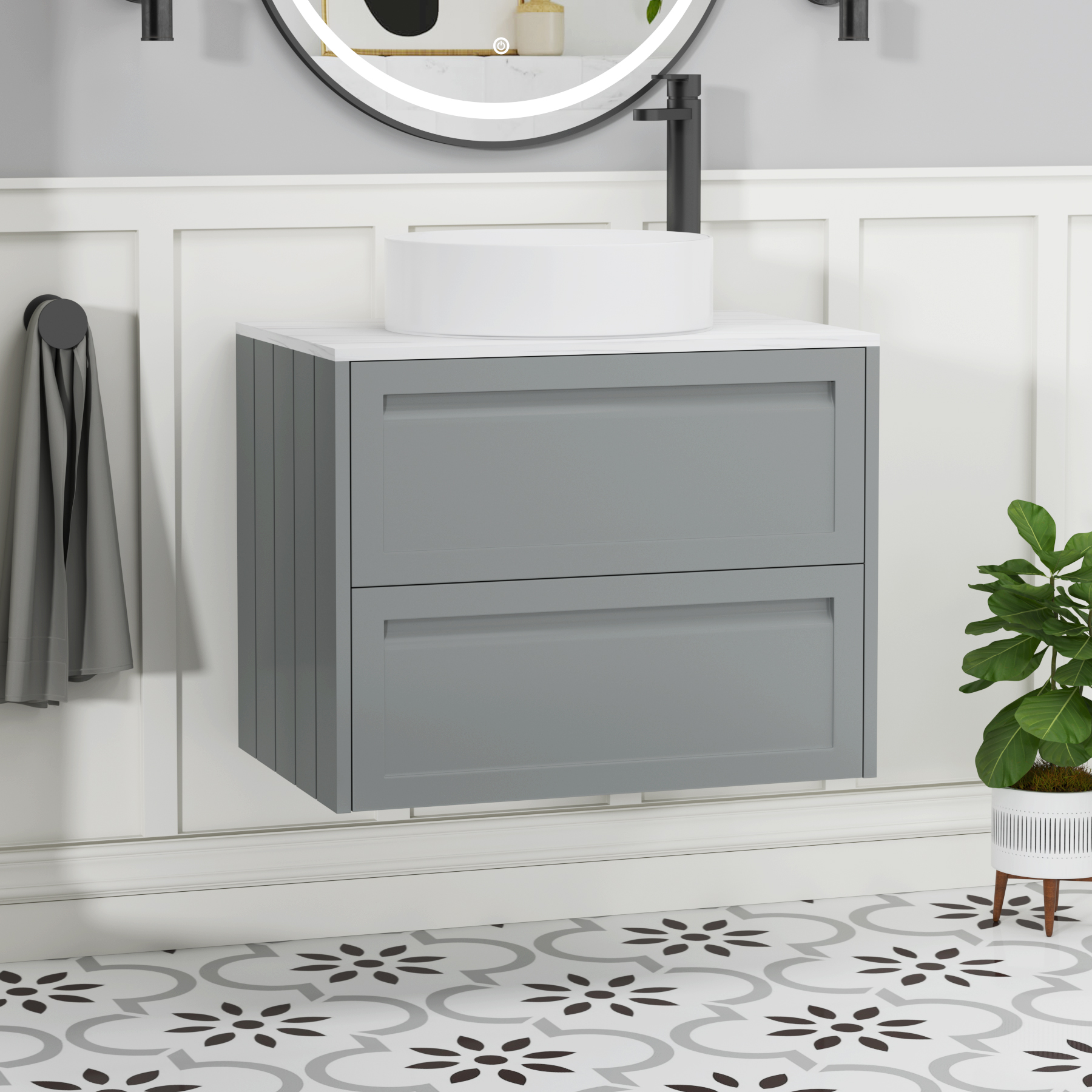 Elmore Matt Pebble Grey 2 Drawer Wall Hung Vanity Unit with Carrara White Worktop & Various Countertop Basins