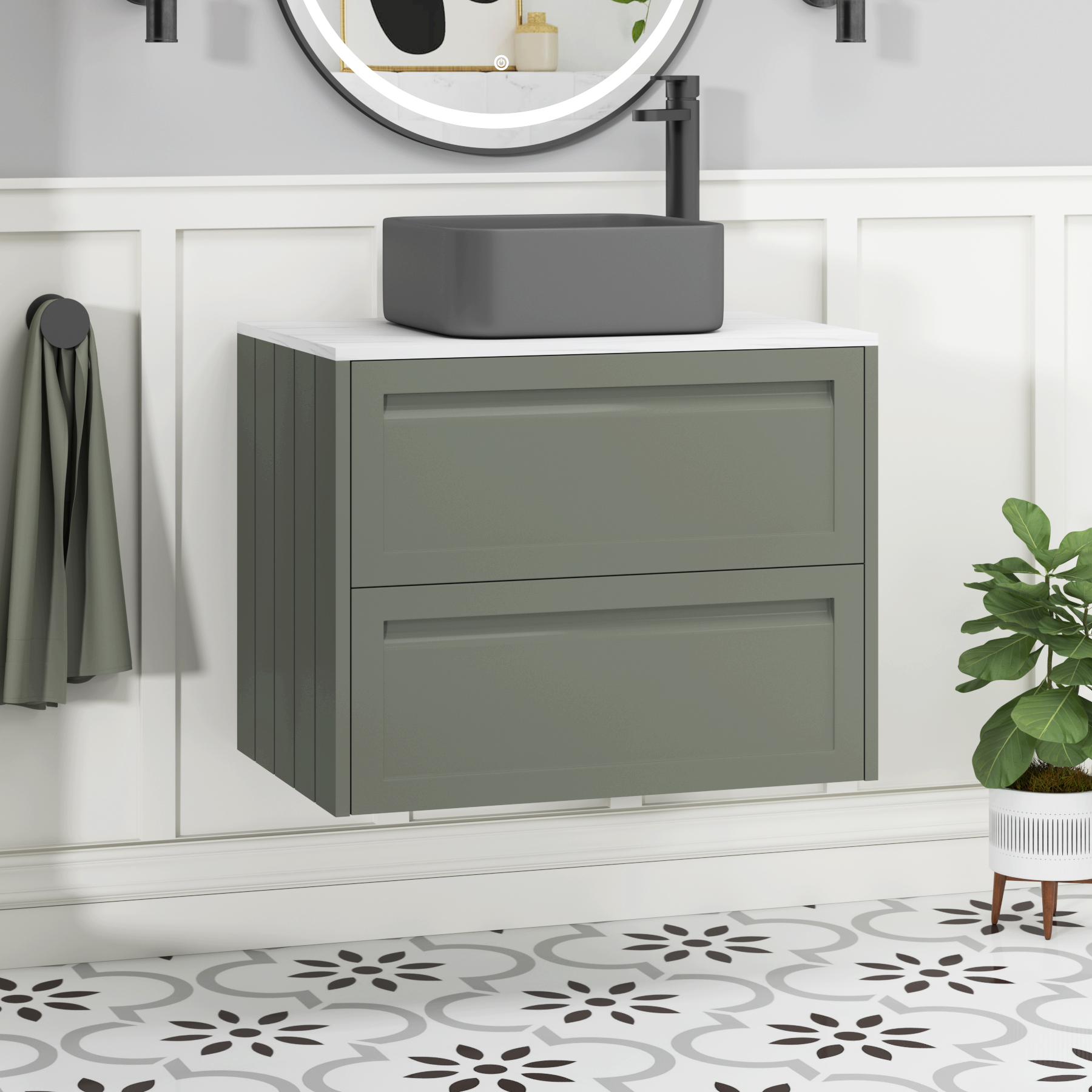 Elmore Matt Green 2 Drawer Wall Hung Vanity Unit with Carrara White Worktop & Various Countertop Basins