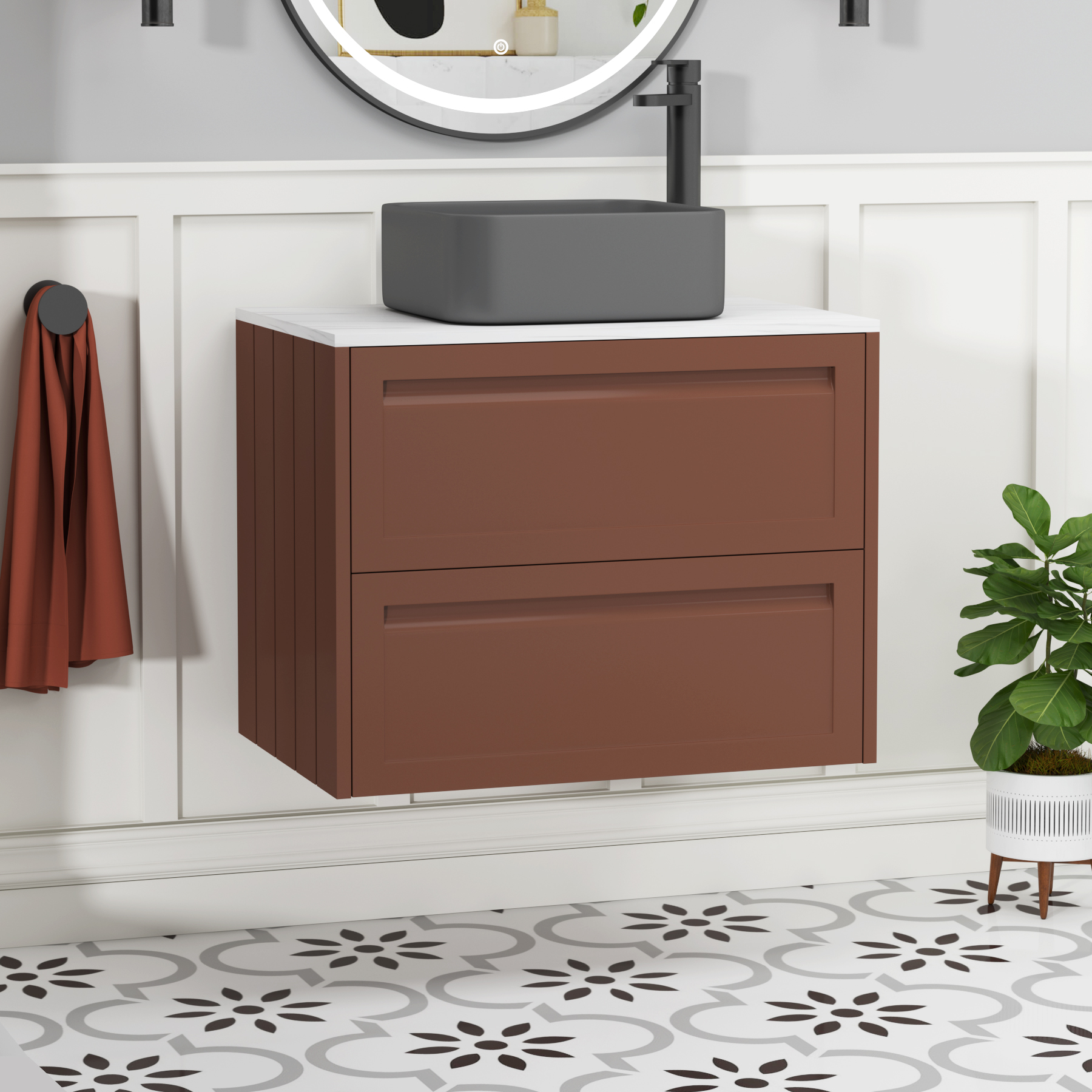 Elmore Terracotta Clay 2 Drawer Wall Hung Vanity Unit with Carrara White Worktop & Various Countertop Basins