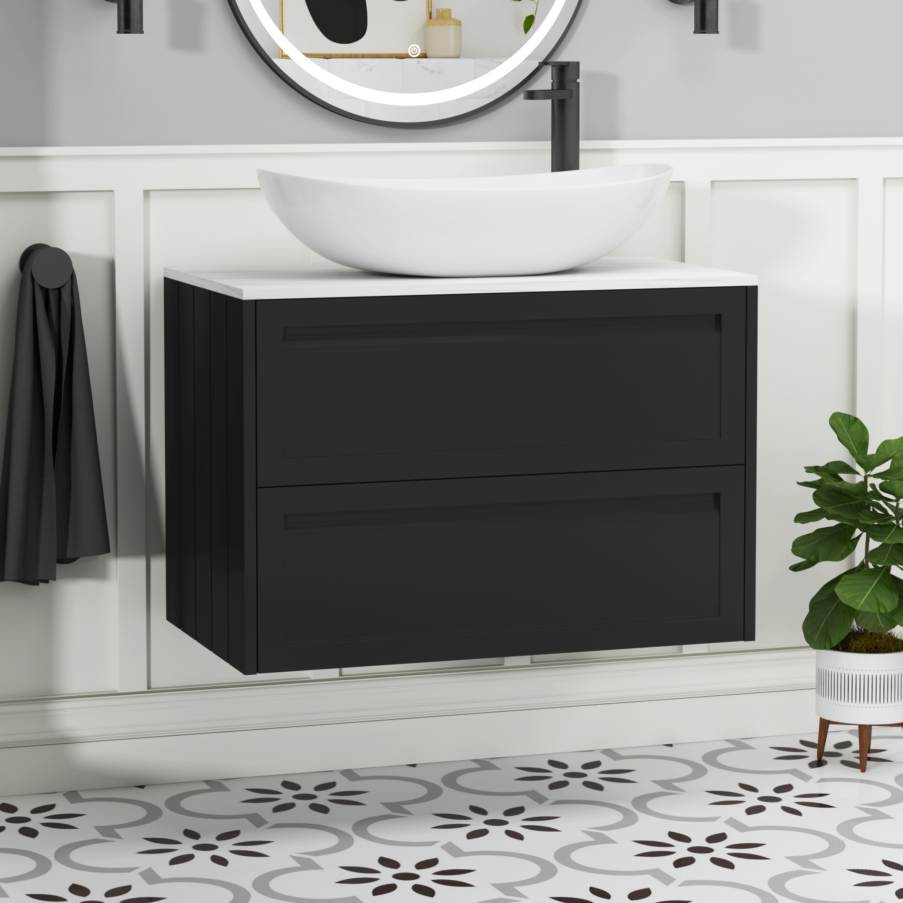 Elmore Matt Nocturne Black 2 Drawer Wall Hung Vanity Unit with Carrara White Worktop & Various Countertop Basins