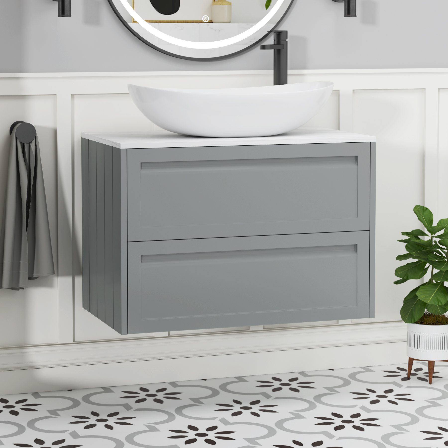 Elmore Matt Pebble Grey 2 Drawer Wall Hung Vanity Unit with Carrara White Worktop & Various Countertop Basins