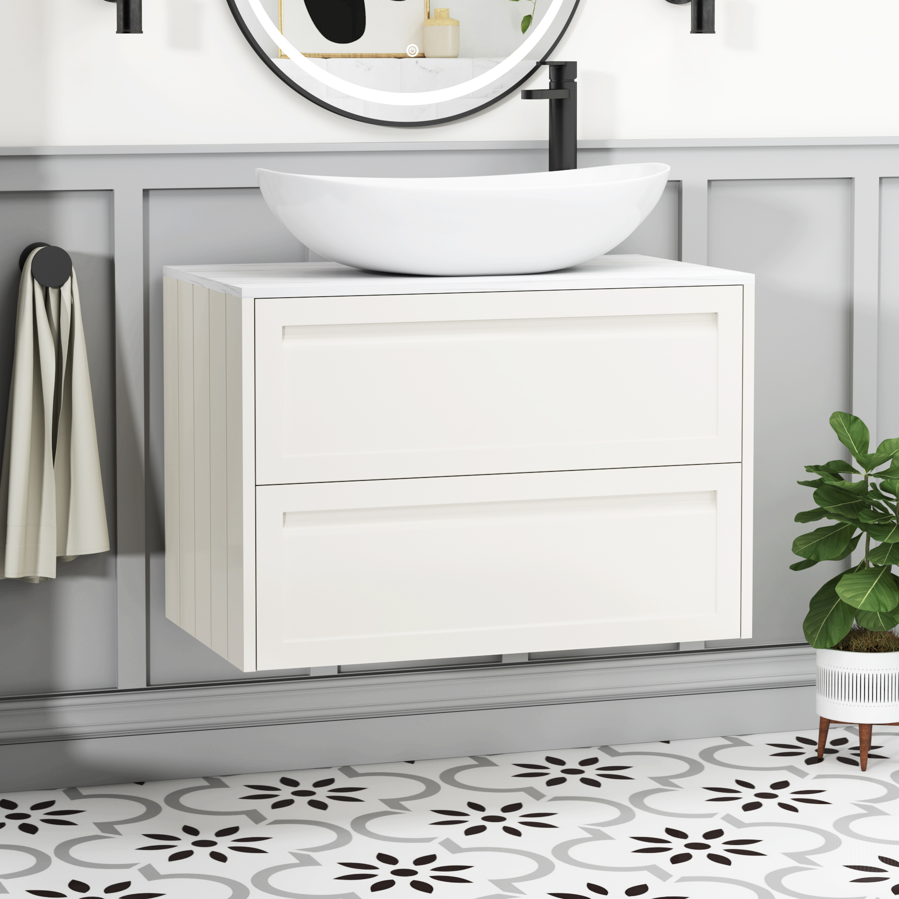 Elmore Classic White 2 Drawer Wall Hung Vanity Unit with Carrara White Worktop & Various Countertop Basins