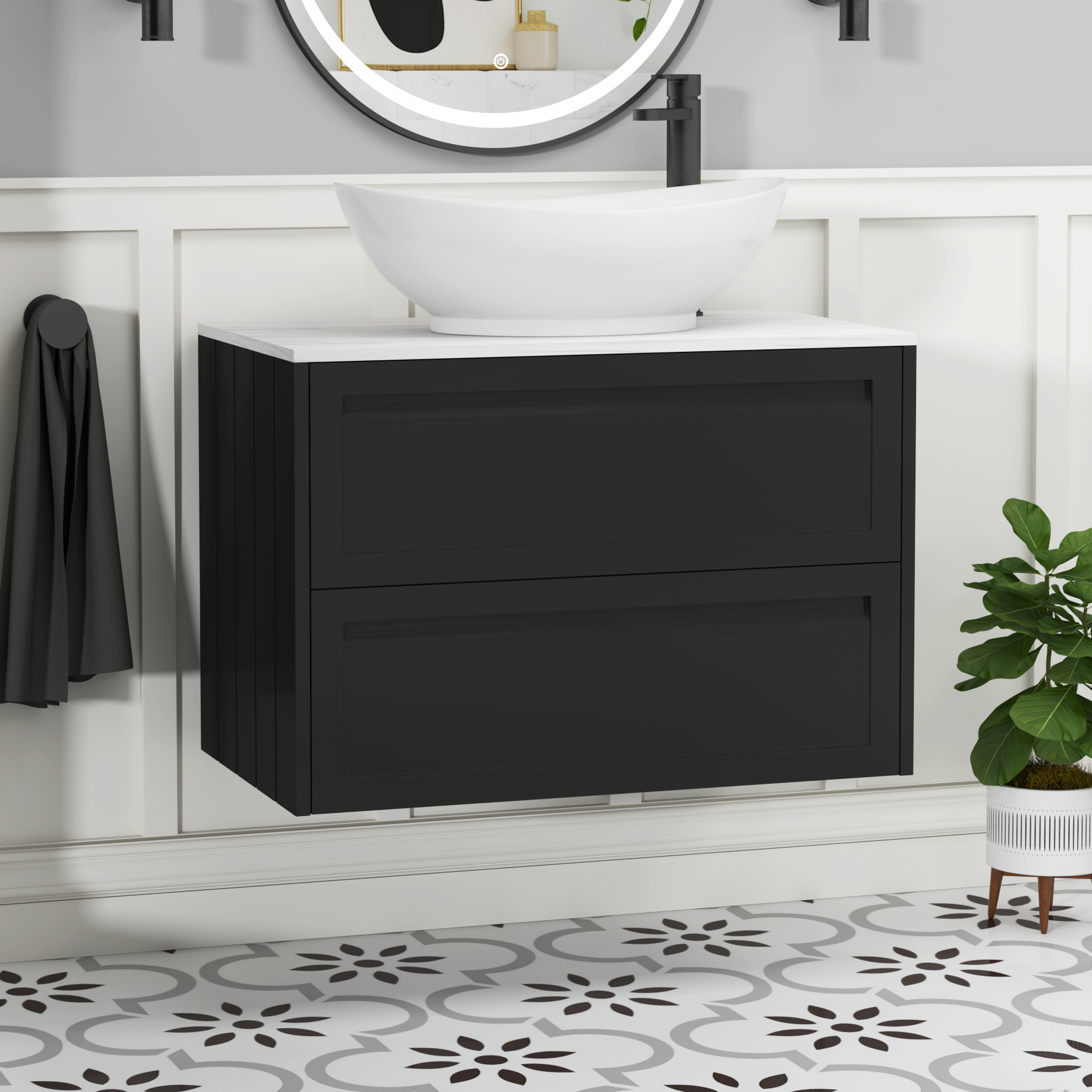 Elmore Matt Nocturne Black 2 Drawer Wall Hung Vanity Unit with Carrara White Worktop & Various Countertop Basins