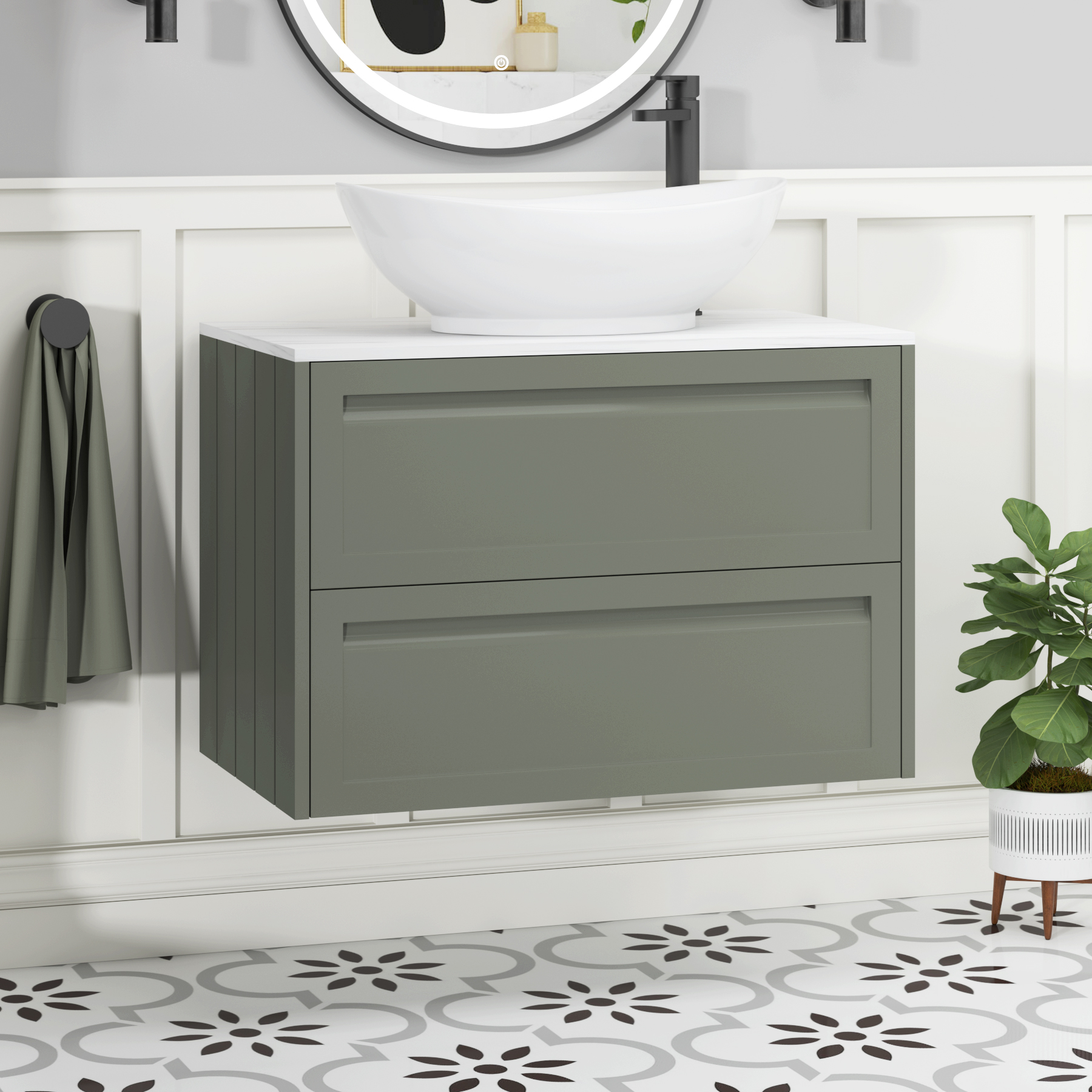 Elmore Matt Green 2 Drawer Wall Hung Vanity Unit with Carrara White Worktop & Various Countertop Basins
